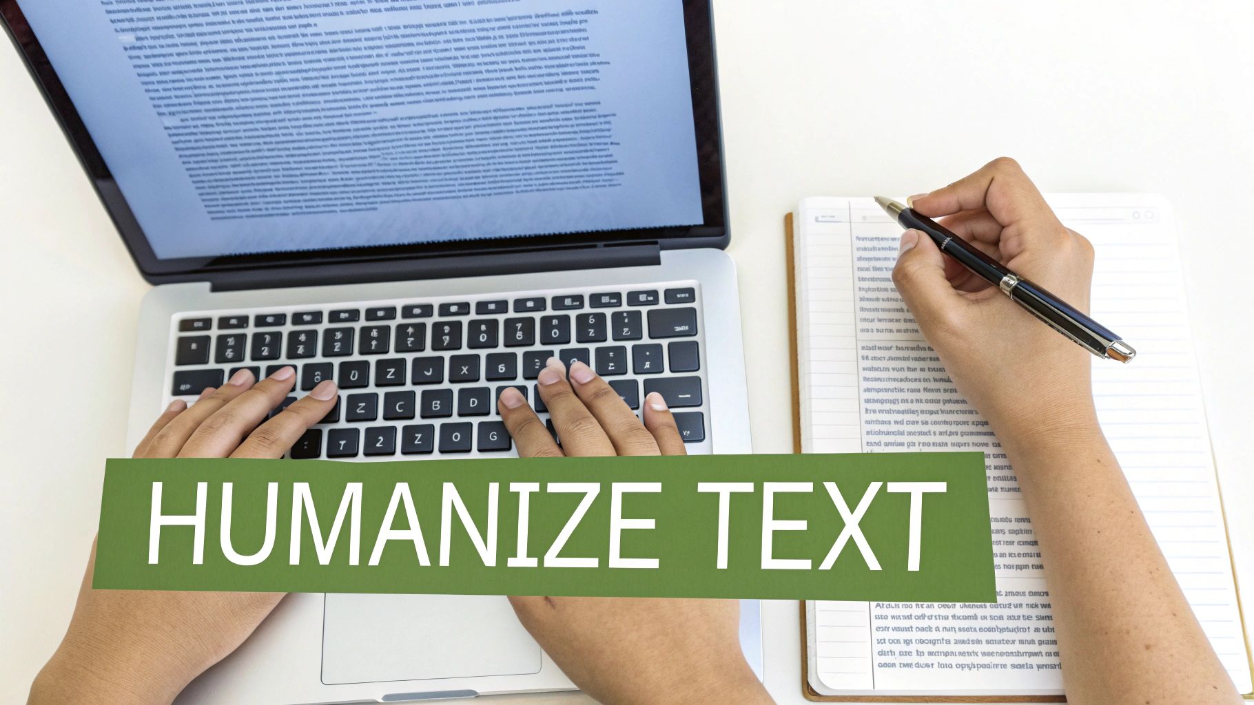 Hands typing on a laptop and writing in a notebook, with 'HUMANIZE TEXT' overlay.