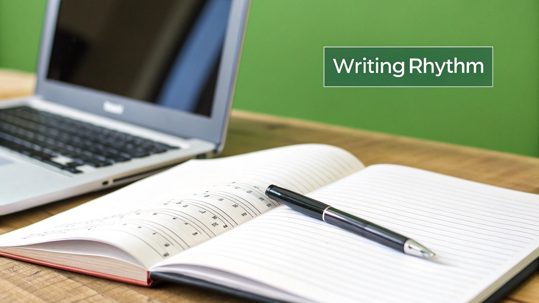 A laptop, open notebook with music notes and pen on a wooden desk, displaying 'Writing Rhythm'.
