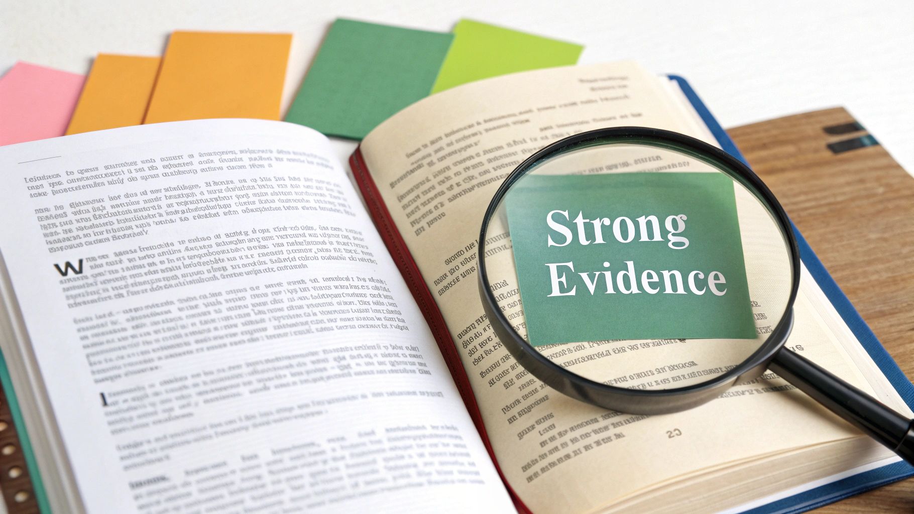 A magnifying glass highlights 'Strong Evidence' written on a green sticky note in an open book.