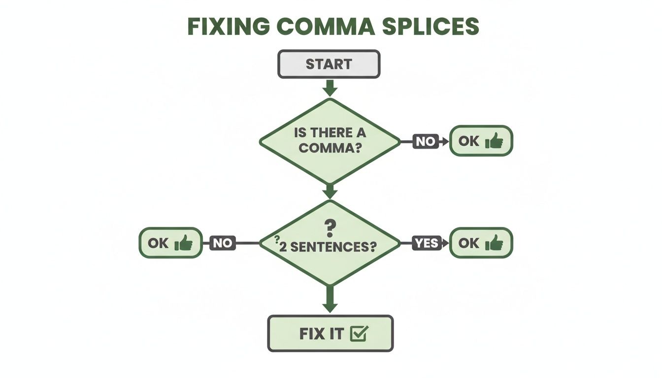 A grammar flowchart titled 'Fixing Comma Splices', guiding users through identifying and resolving comma splices.