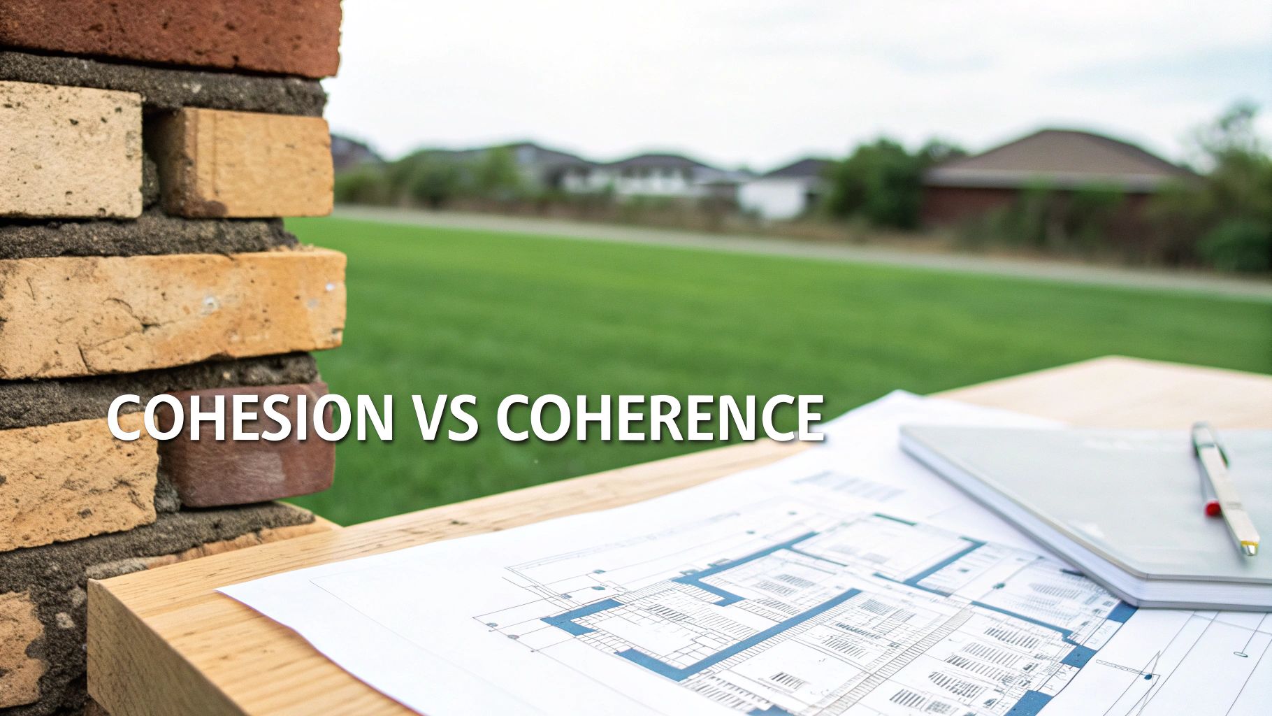 Construction blueprints and notebook on table with brick wall and residential neighborhood background