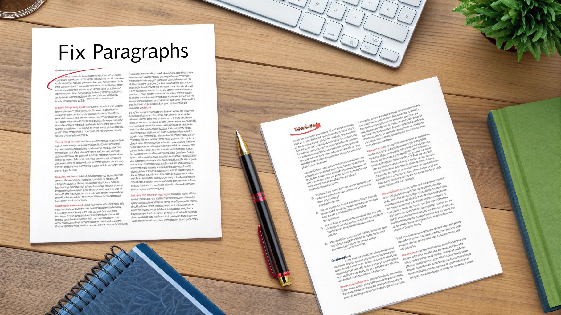 Printed documents with paragraph editing marks and pen on wooden desk workspace