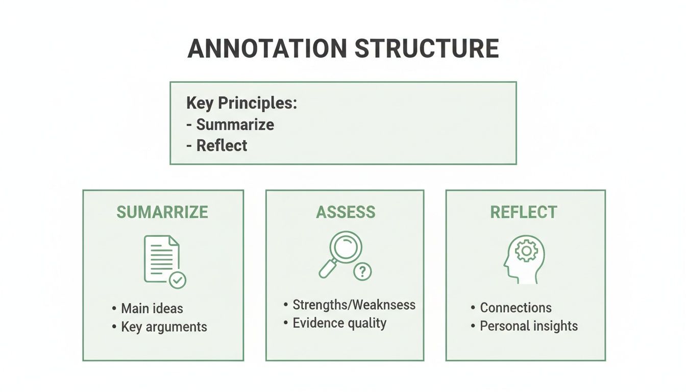 Diagram outlining an annotation structure with key principles: summarize and reflect, followed by three stages: summarize, assess, and reflect.