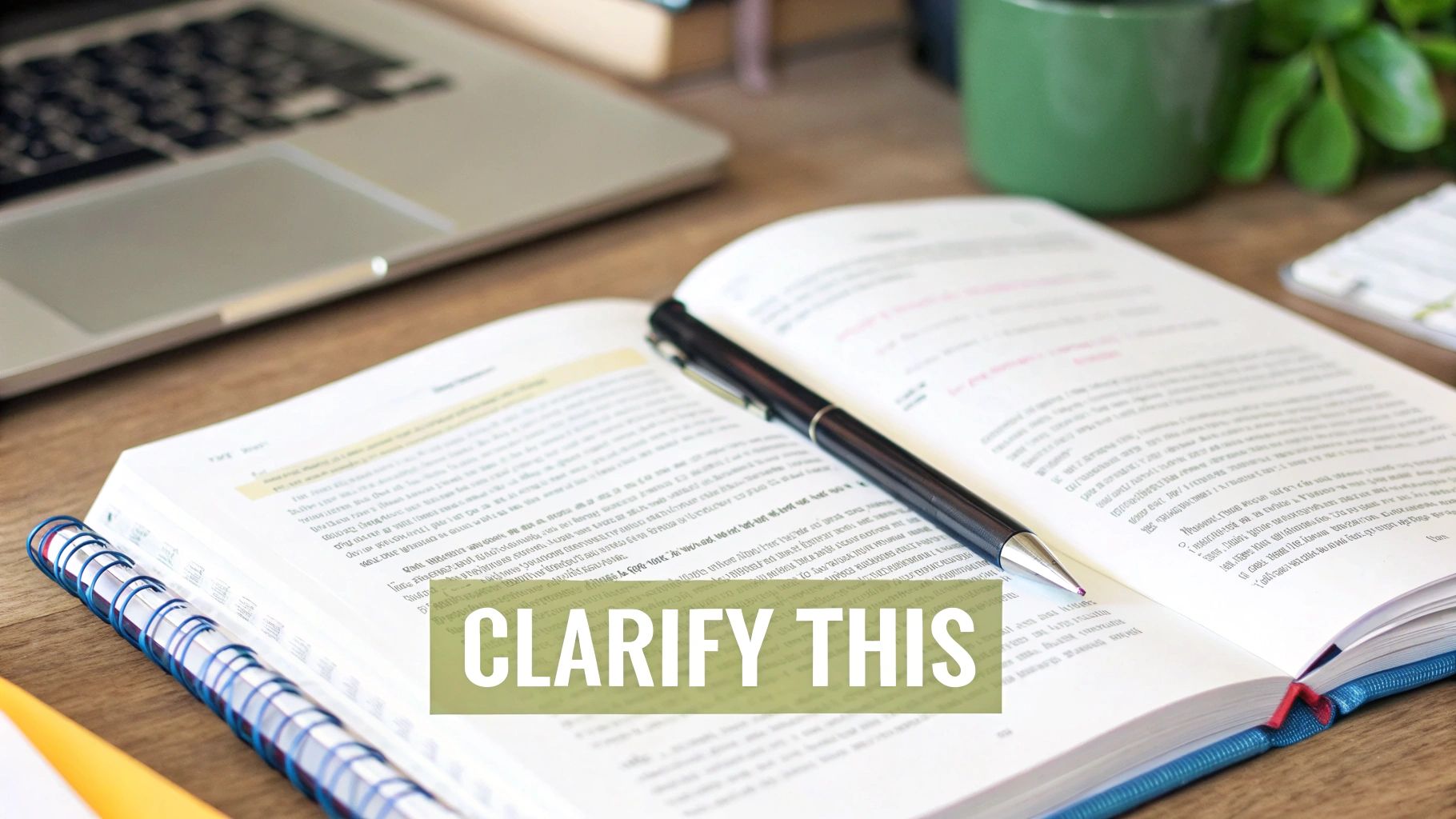 An open textbook with a pen on a wooden desk, surrounded by a laptop and mug.