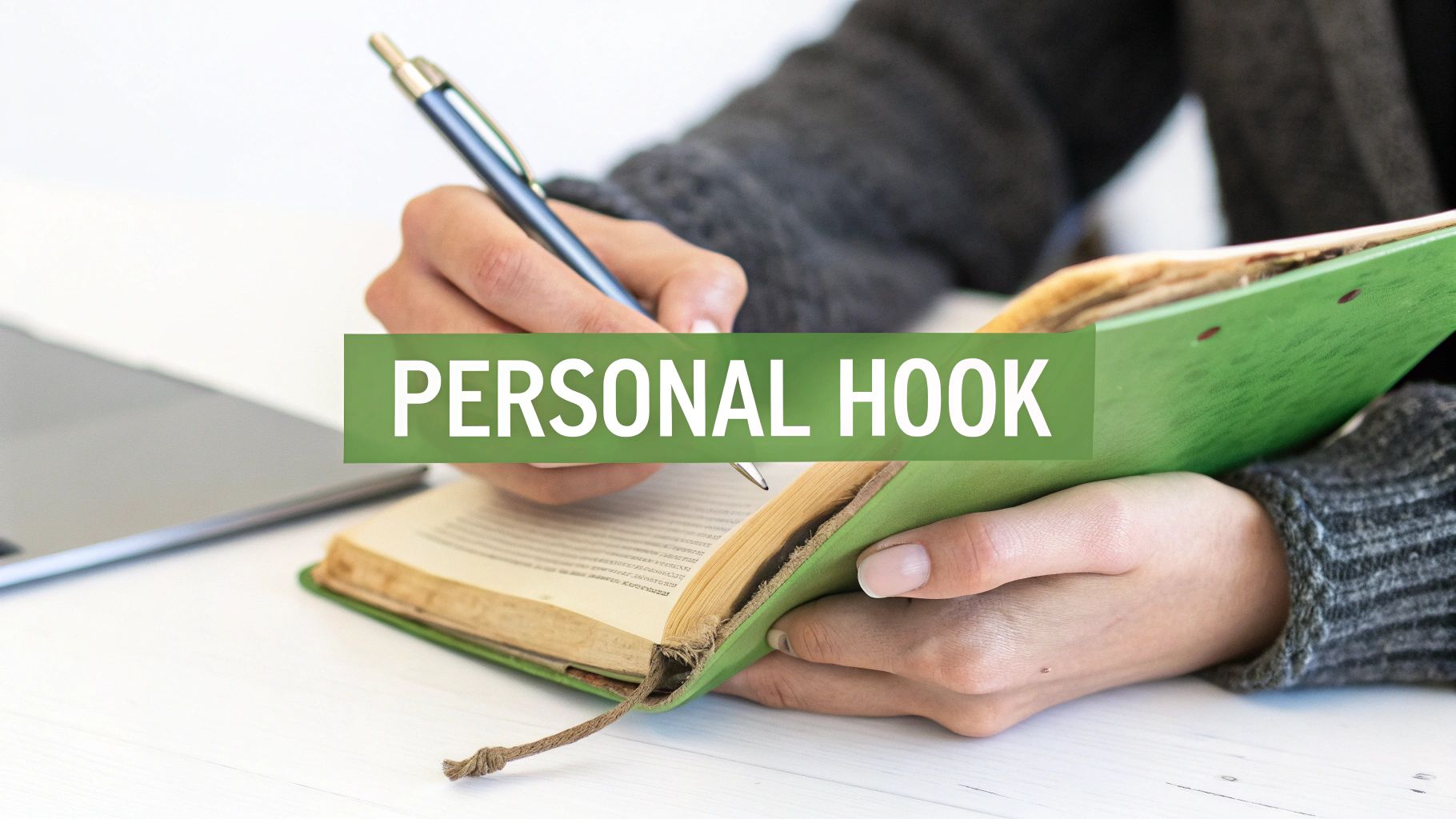 A person writing in a notebook, connecting personal thoughts to an essay.