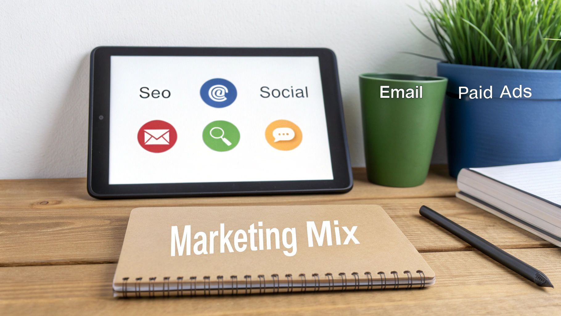 A desk with a calculator, charts, and a notebook, symbolizing the process of creating a marketing budget.