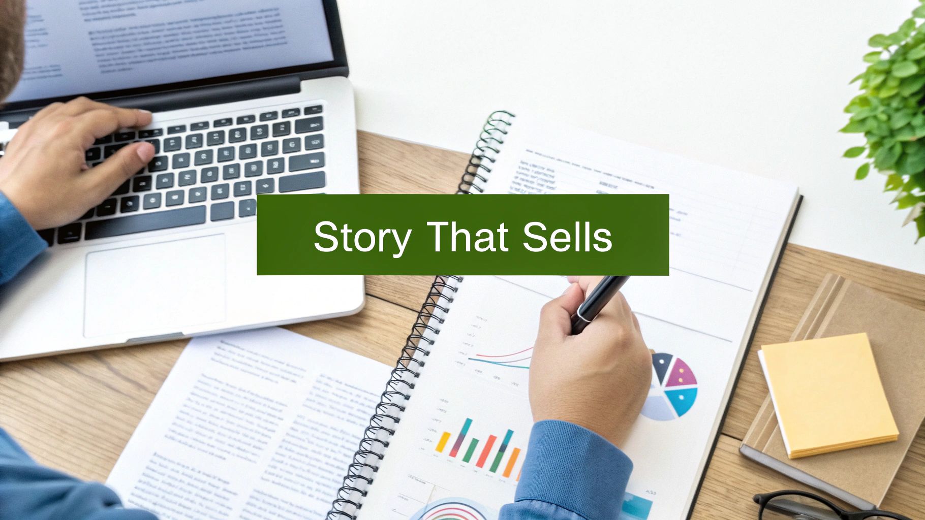 A writer focused on their laptop, with digital storyboards and customer data visualizations glowing in the background, illustrating the narrative creation process.