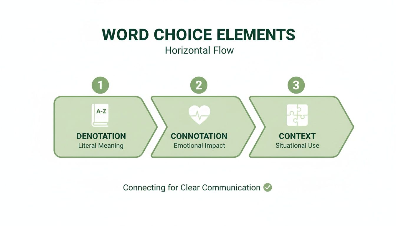 Horizontal flow diagram explaining word choice elements: denotation, connotation, and context for clear communication.