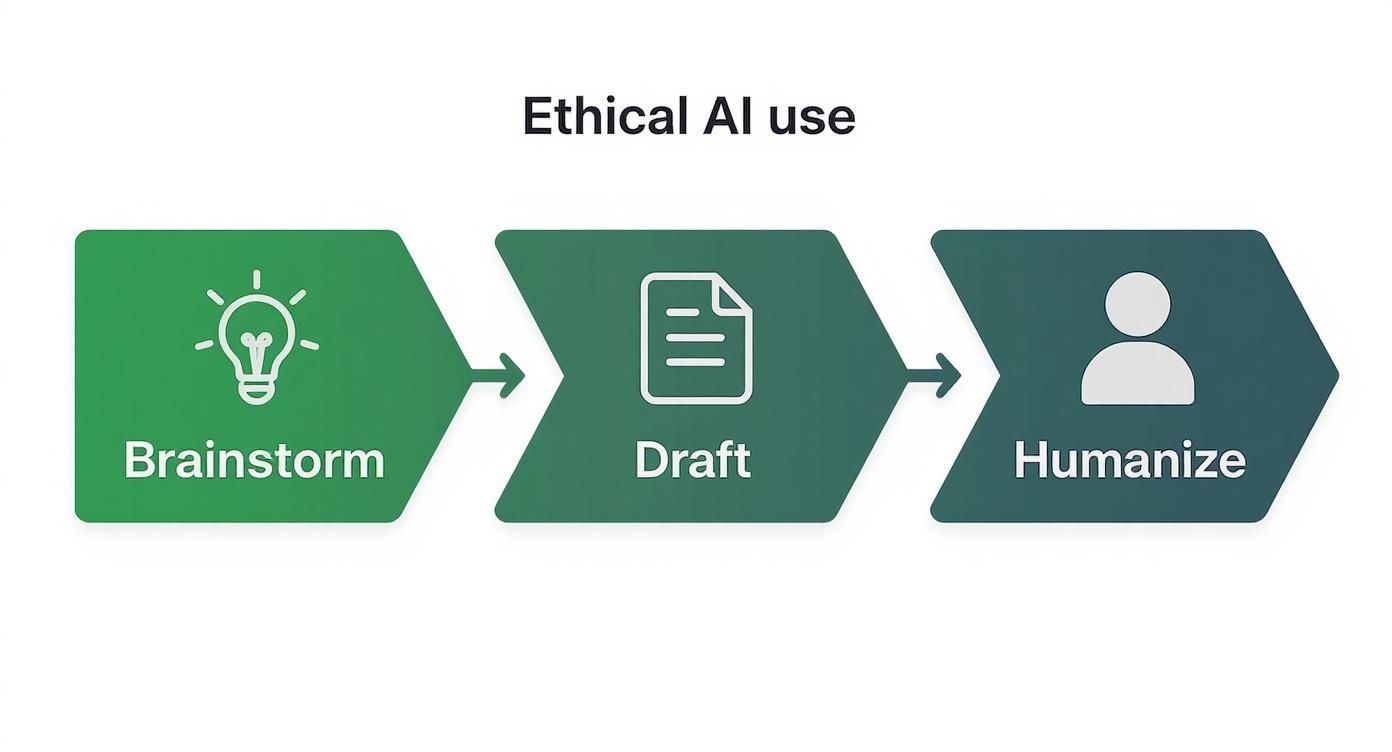 A diagram illustrates three steps for ethical AI use: Brainstorm, Draft, and Humanize.