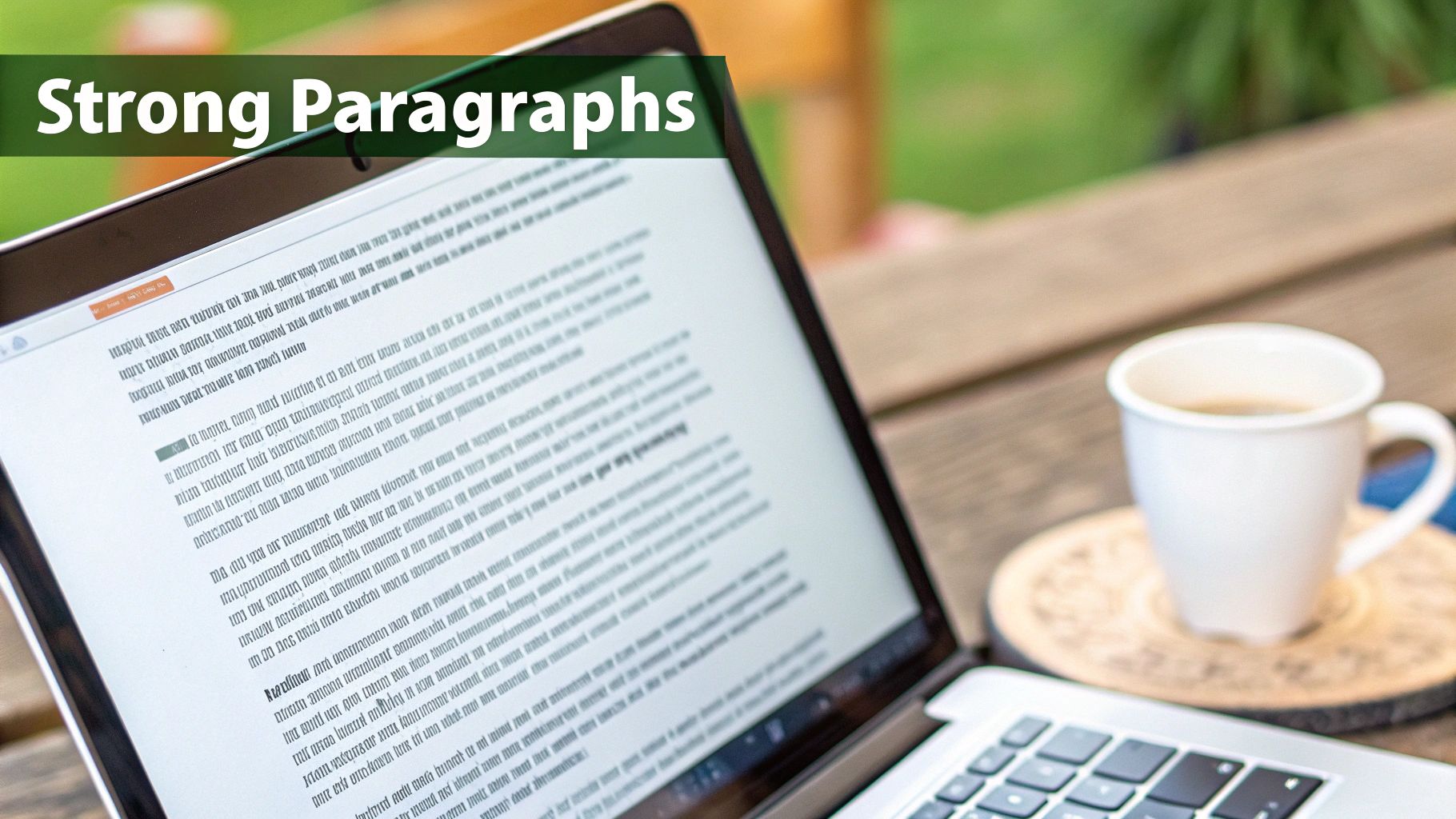 Person writing strong paragraphs on laptop screen outdoors with coffee cup nearby