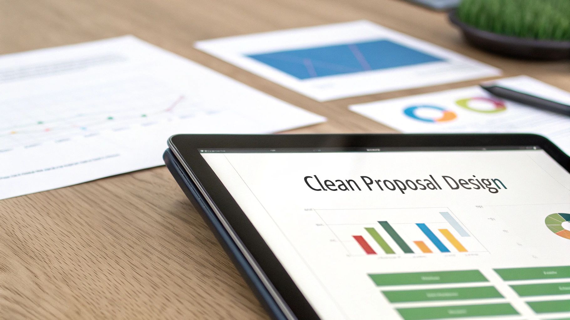A tablet displaying 'Clean Proposal Design' with charts, graphs, and papers on a wooden desk.