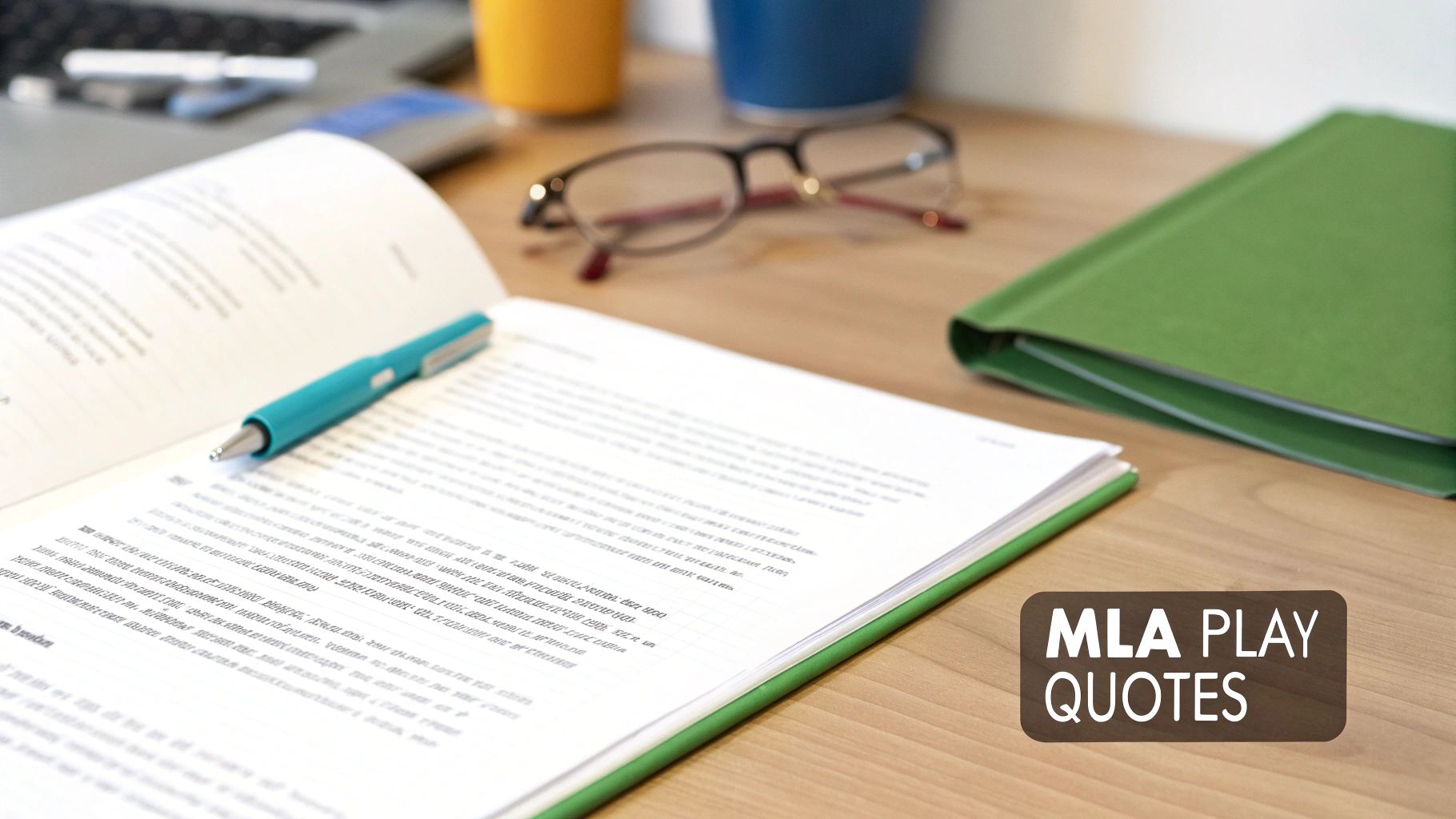 An open book with a pen on a wooden desk with glasses and a folder, featuring MLA play quotes.