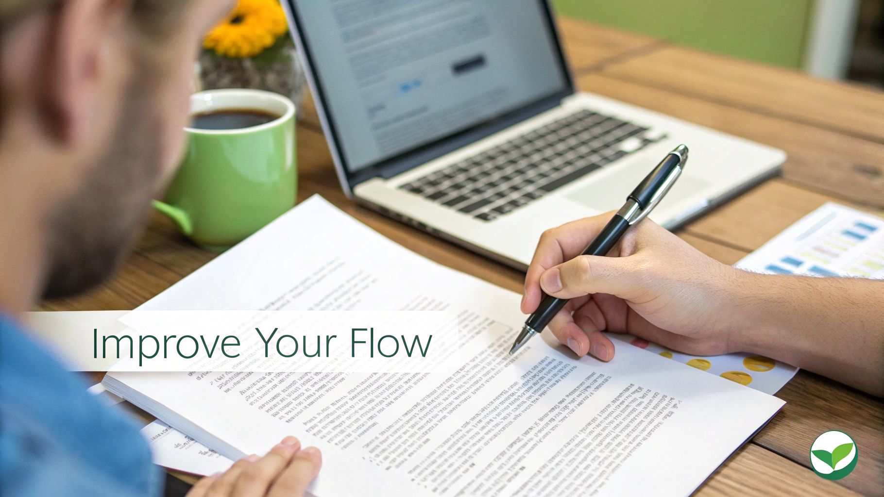 Close-up of a person writing with a pen on papers at a wooden desk with a laptop and coffee.