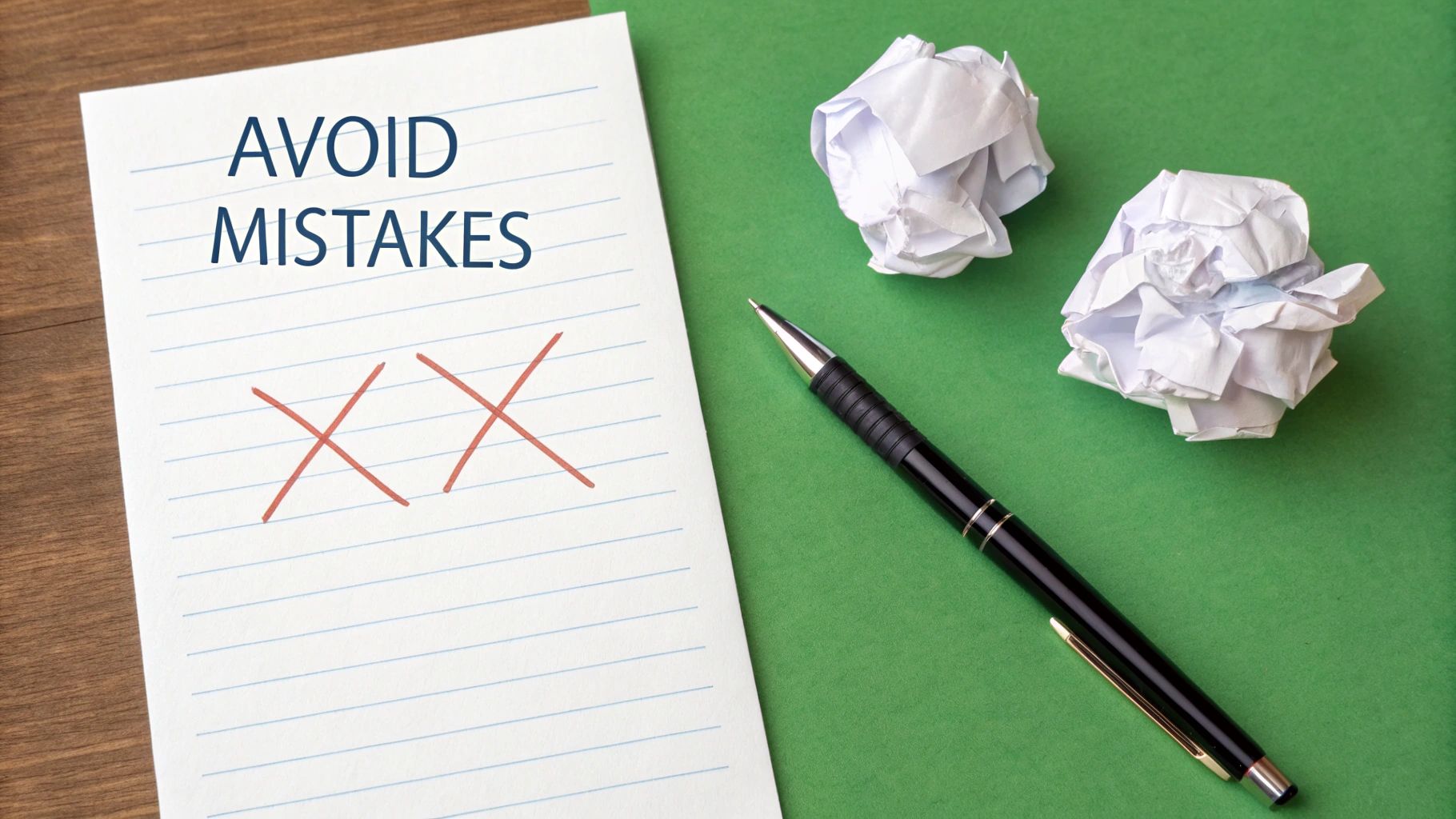 A close-up of lined paper displaying 'AVOID MISTAKES' and red 'X' marks, a pen, and crumpled paper.