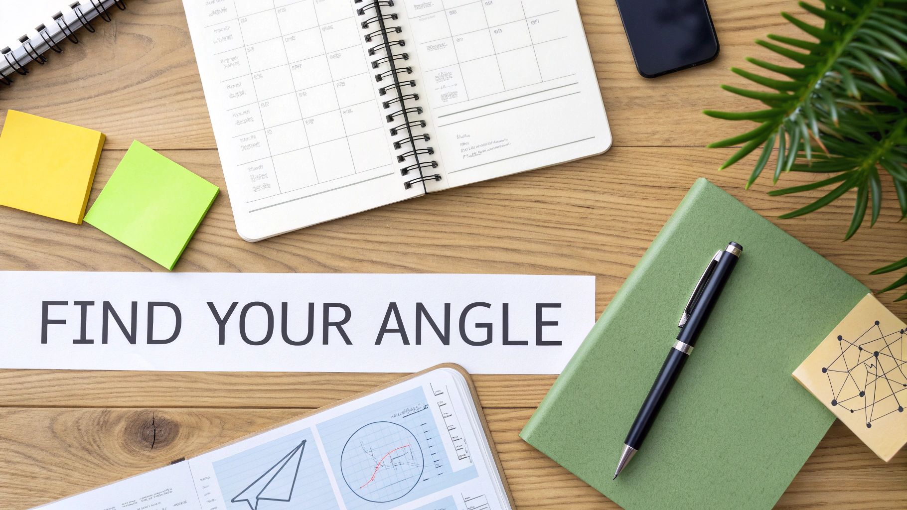 A flat lay of a wooden desk with a notebook, pen, sticky notes, and a paper strip saying 'FIND YOUR ANGLE'.