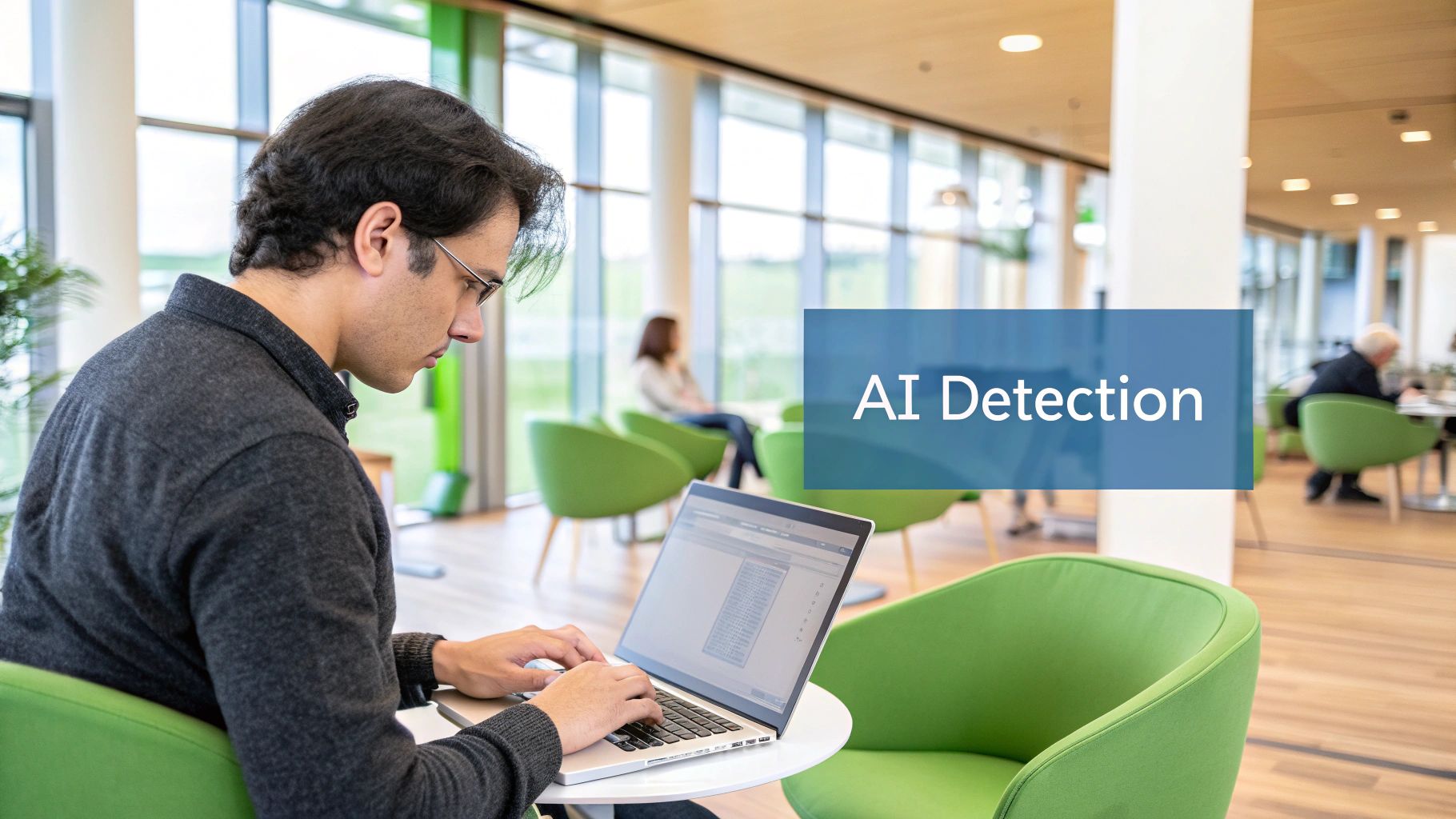 A digital illustration showing a magnifying glass examining text, with some words glowing to represent AI detection.