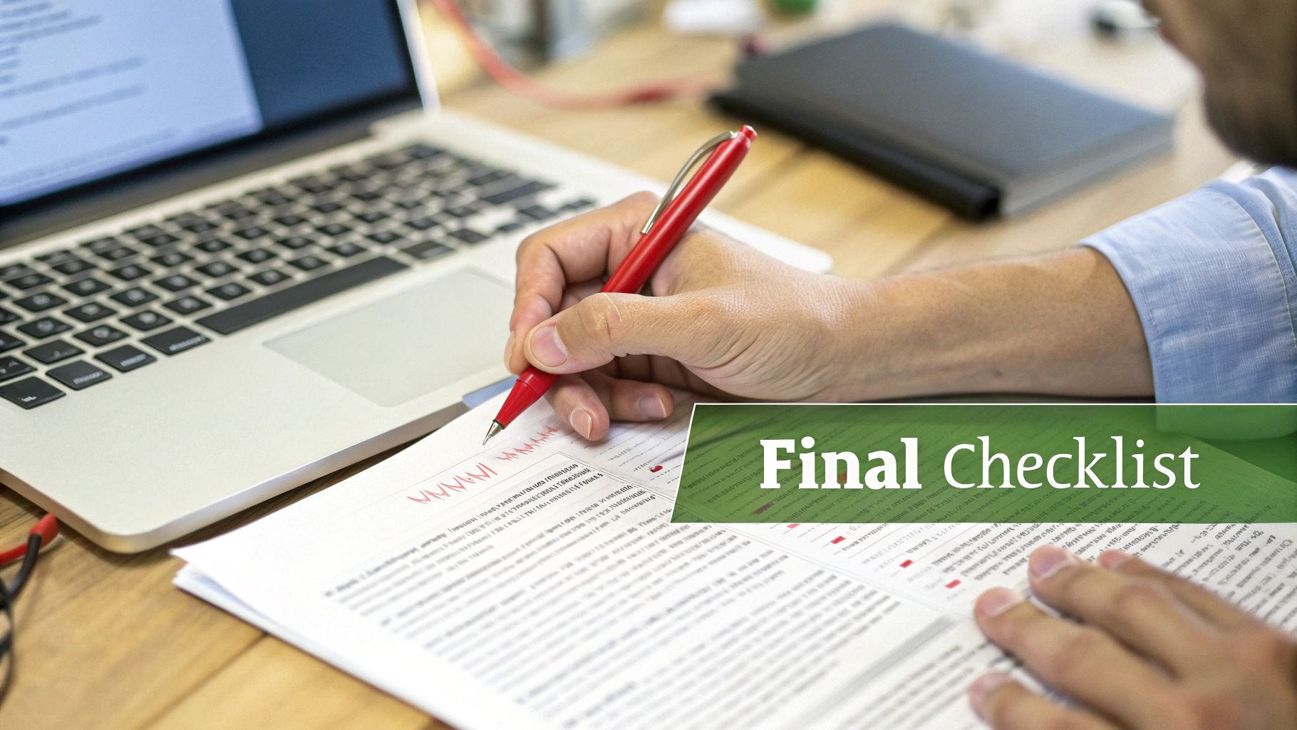 Close-up of a person's hands marking a document with a red pen on a desk with a laptop.