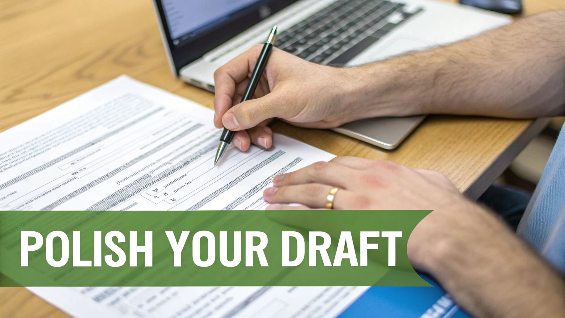 Hands writing on a document with a pen, laptop in the background, with the text 'POLISH YOUR DRAFT'.