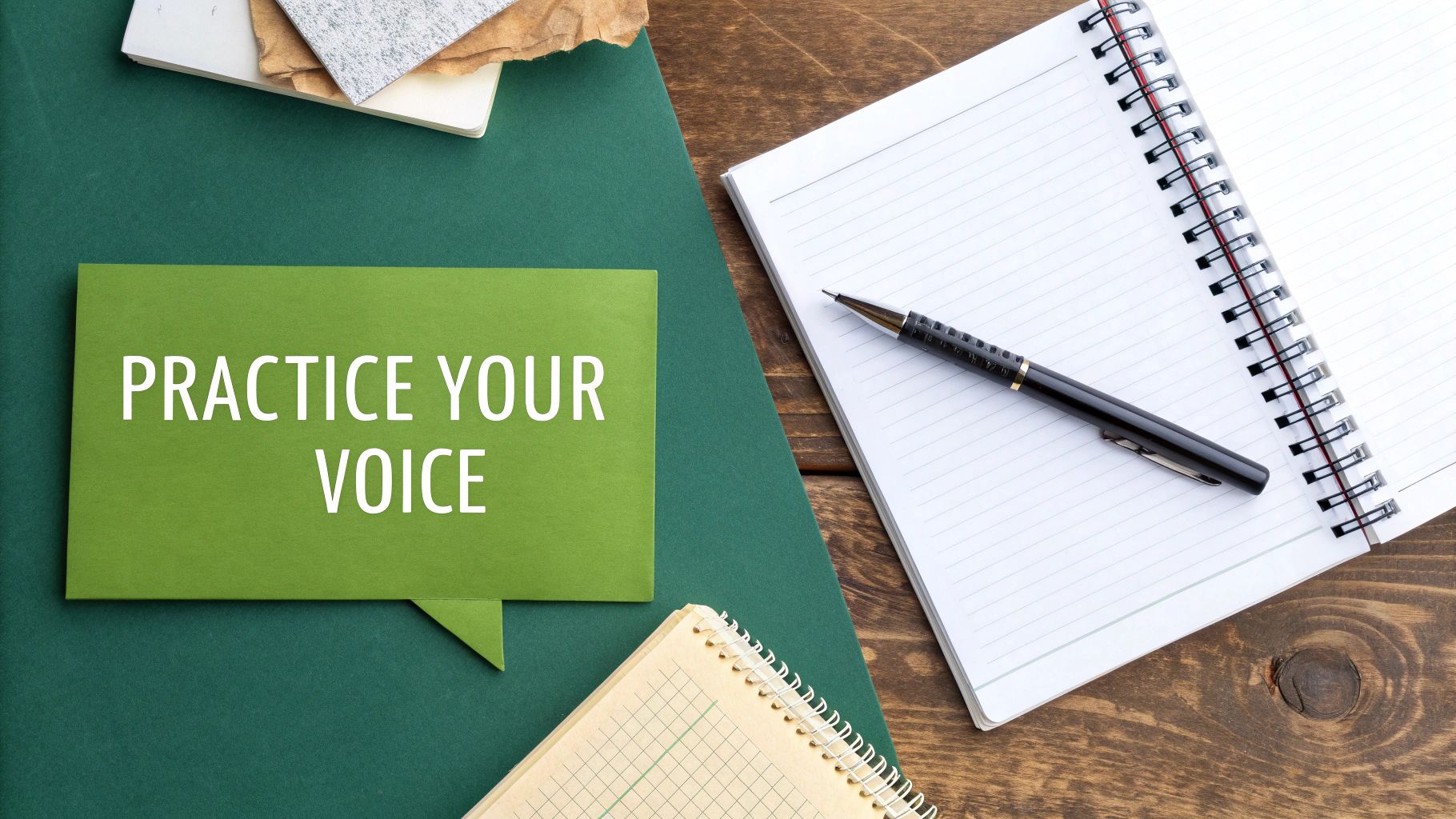 A green speech bubble card with 'PRACTICE YOUR VOICE' on a desk with notebooks and a pen.