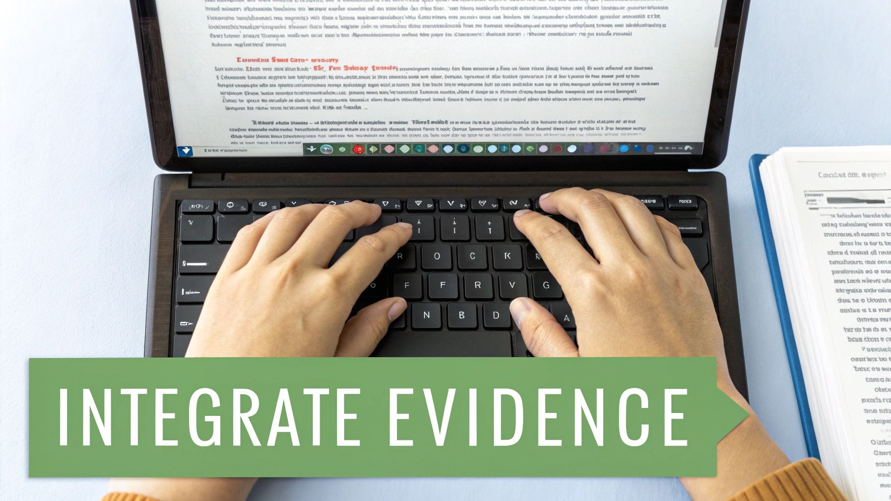 Close-up of hands typing on a laptop, with a book and text 'INTEGRATE EVIDENCE'.