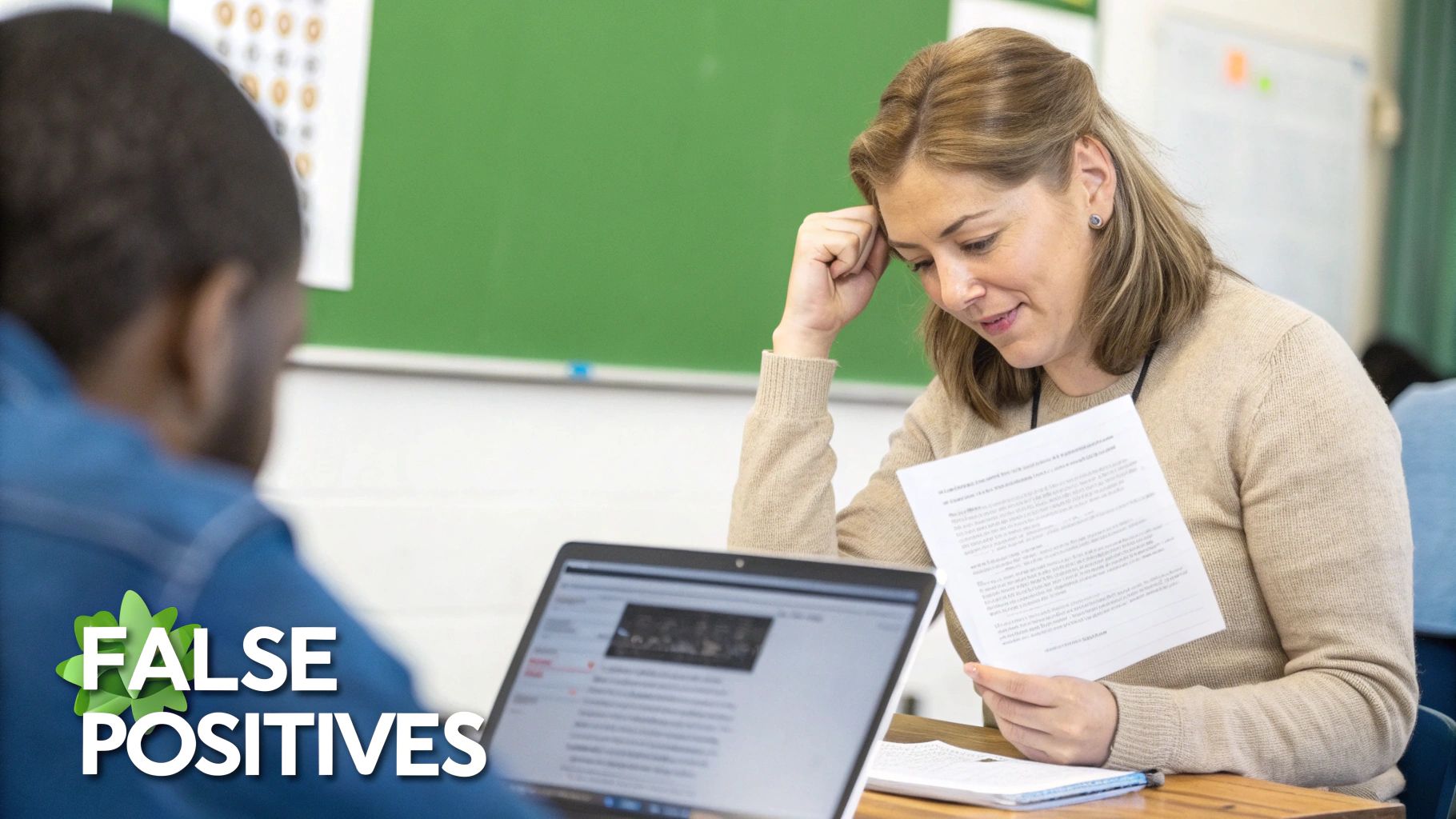 Dedicated female teacher reviews student work in a modern classroom setting with a laptop nearby.