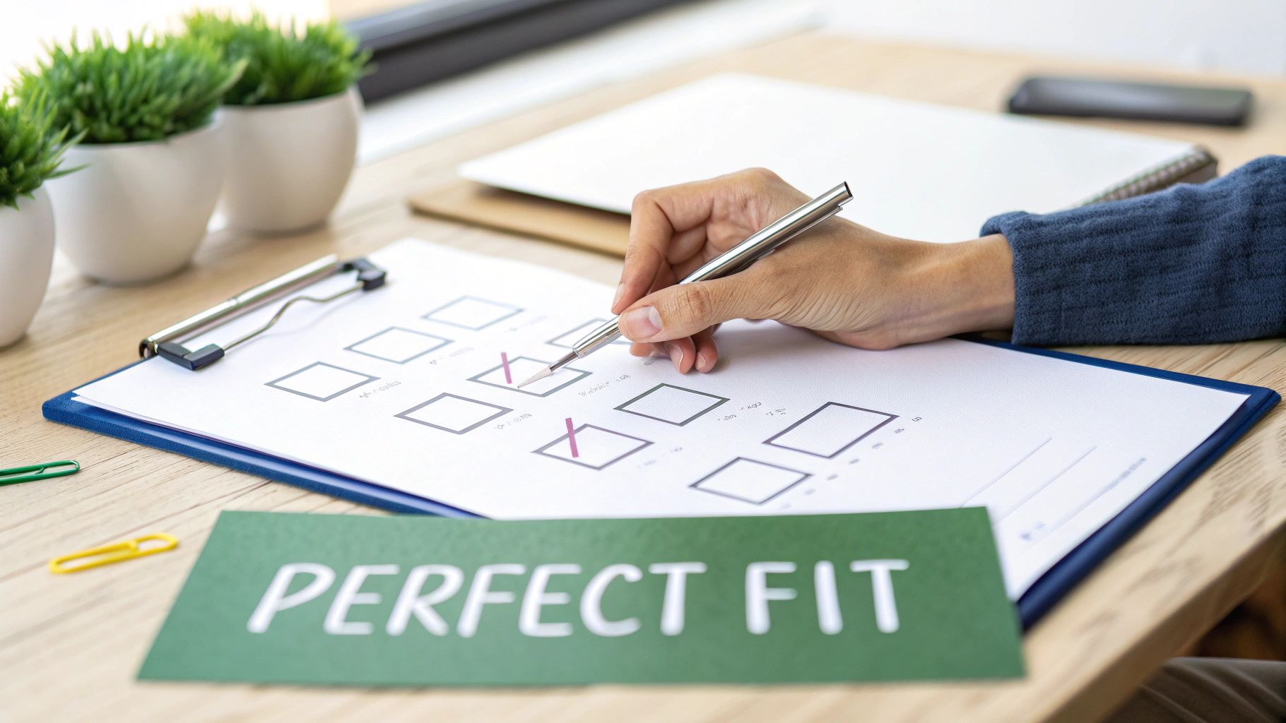 A person pointing to a specific customer profile on a digital screen, signifying the selection of the right candidate for a case study.