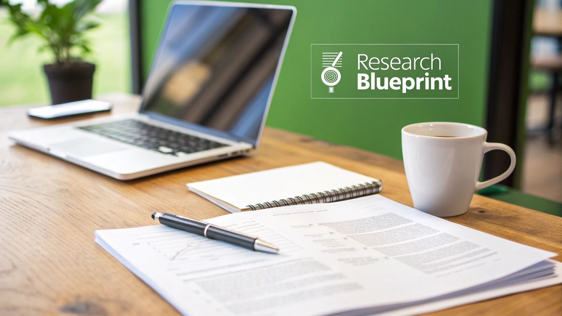 A research workspace with a laptop, coffee mug, notebook, pen, and papers on a wooden desk, featuring a "Research Blueprint" logo.