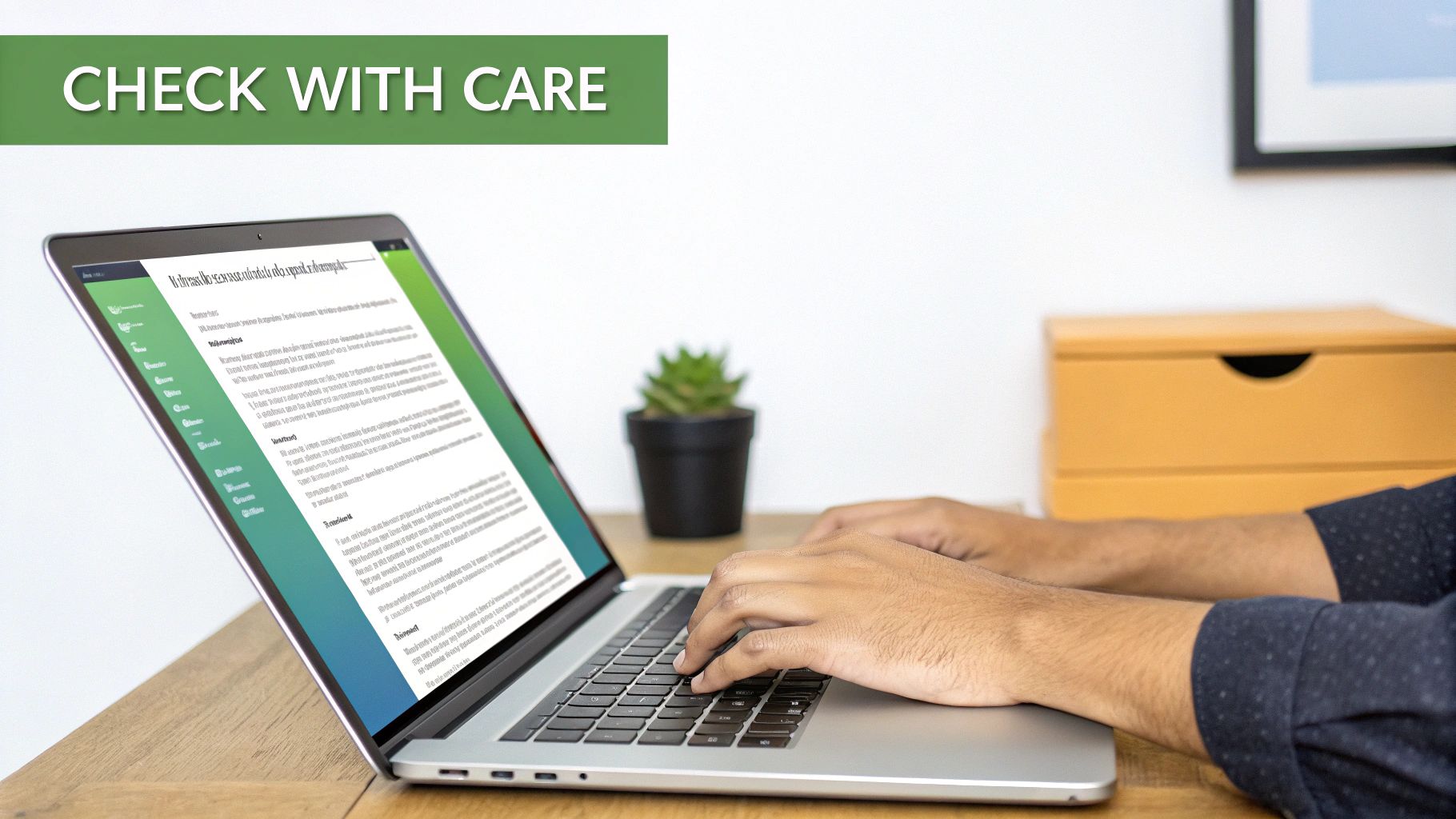 Hands typing on a silver laptop displaying text, with a green banner 'CHECK WITH CARE' above.