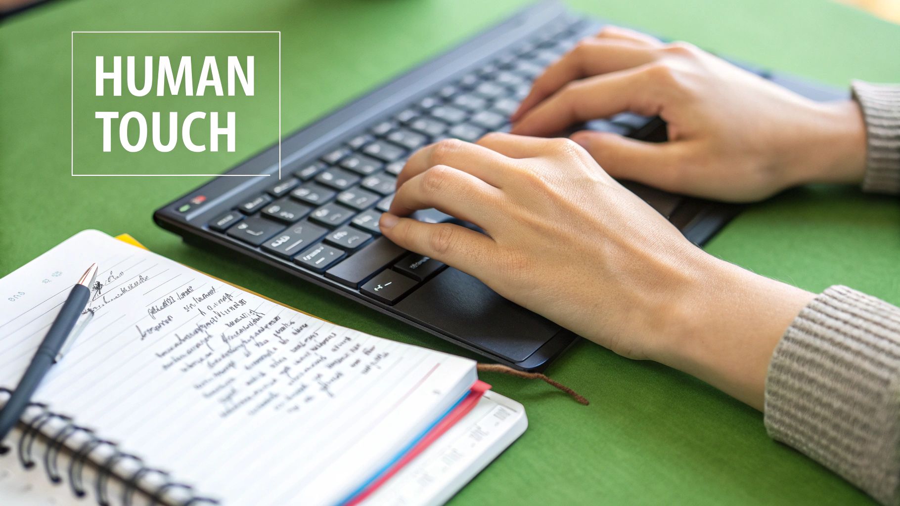 A person typing on a laptop with creative icons floating around, symbolizing the human touch being added to AI-generated text.