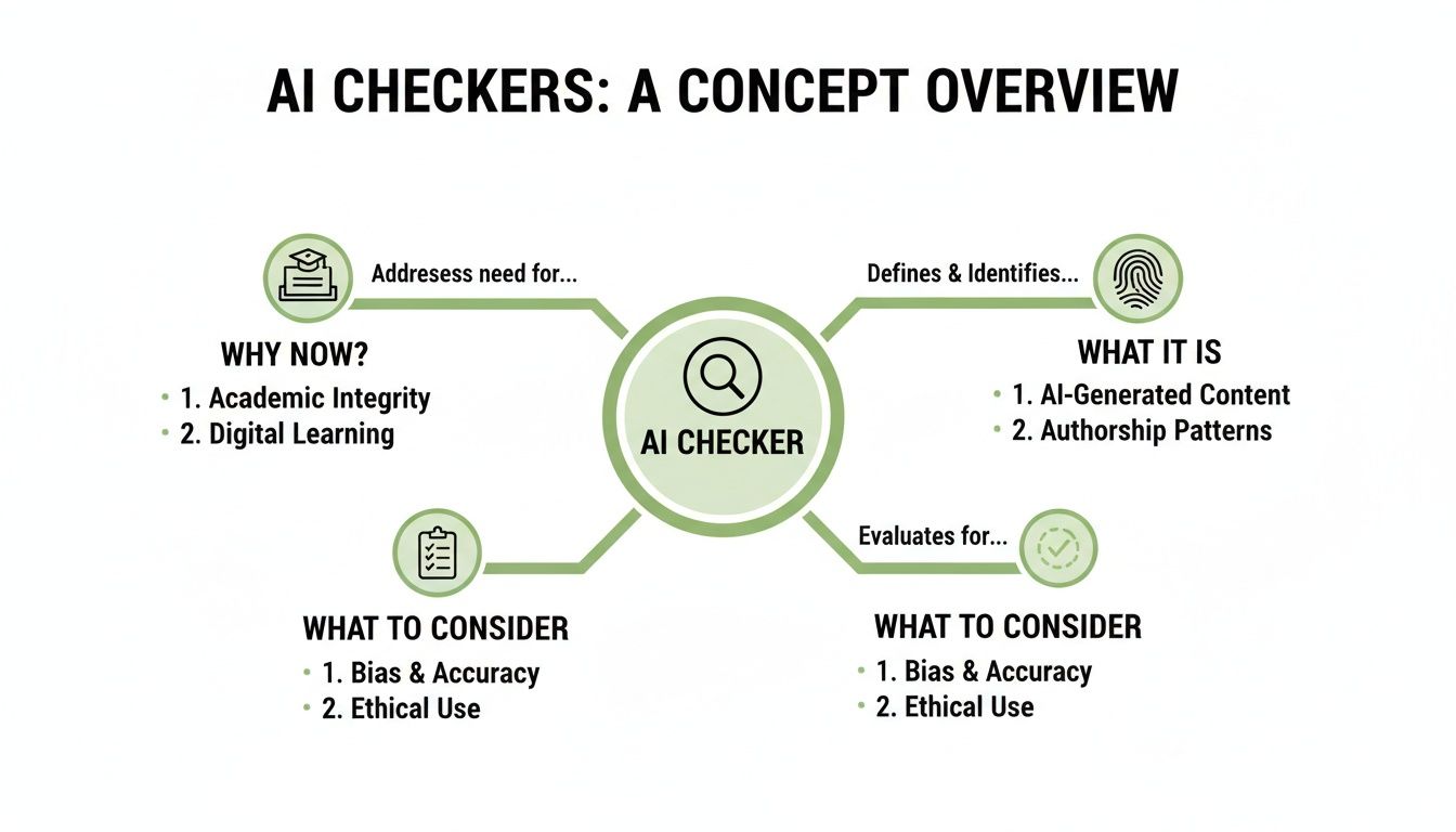 Concept overview of AI checkers detailing their purpose, function, and considerations like academic integrity and ethical use.