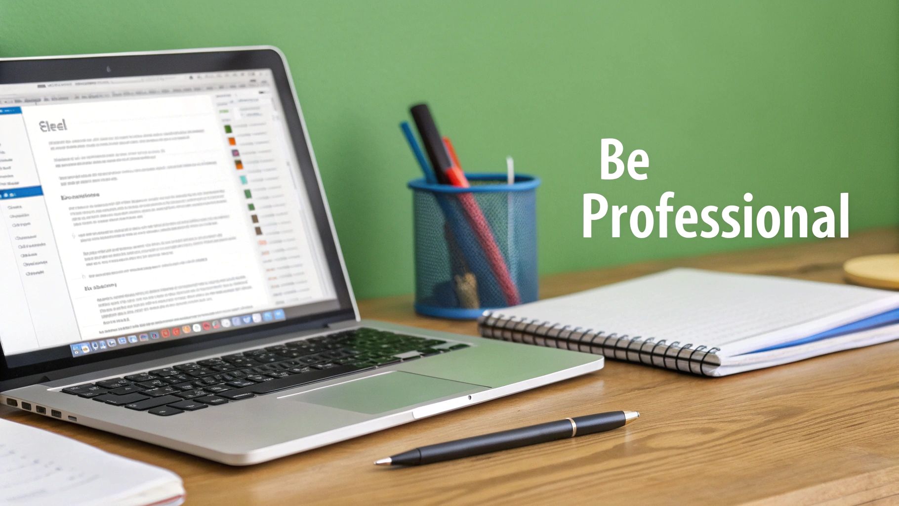A professional desk setup with a laptop, pens in a holder, and a notebook, with "Be Professional" text.