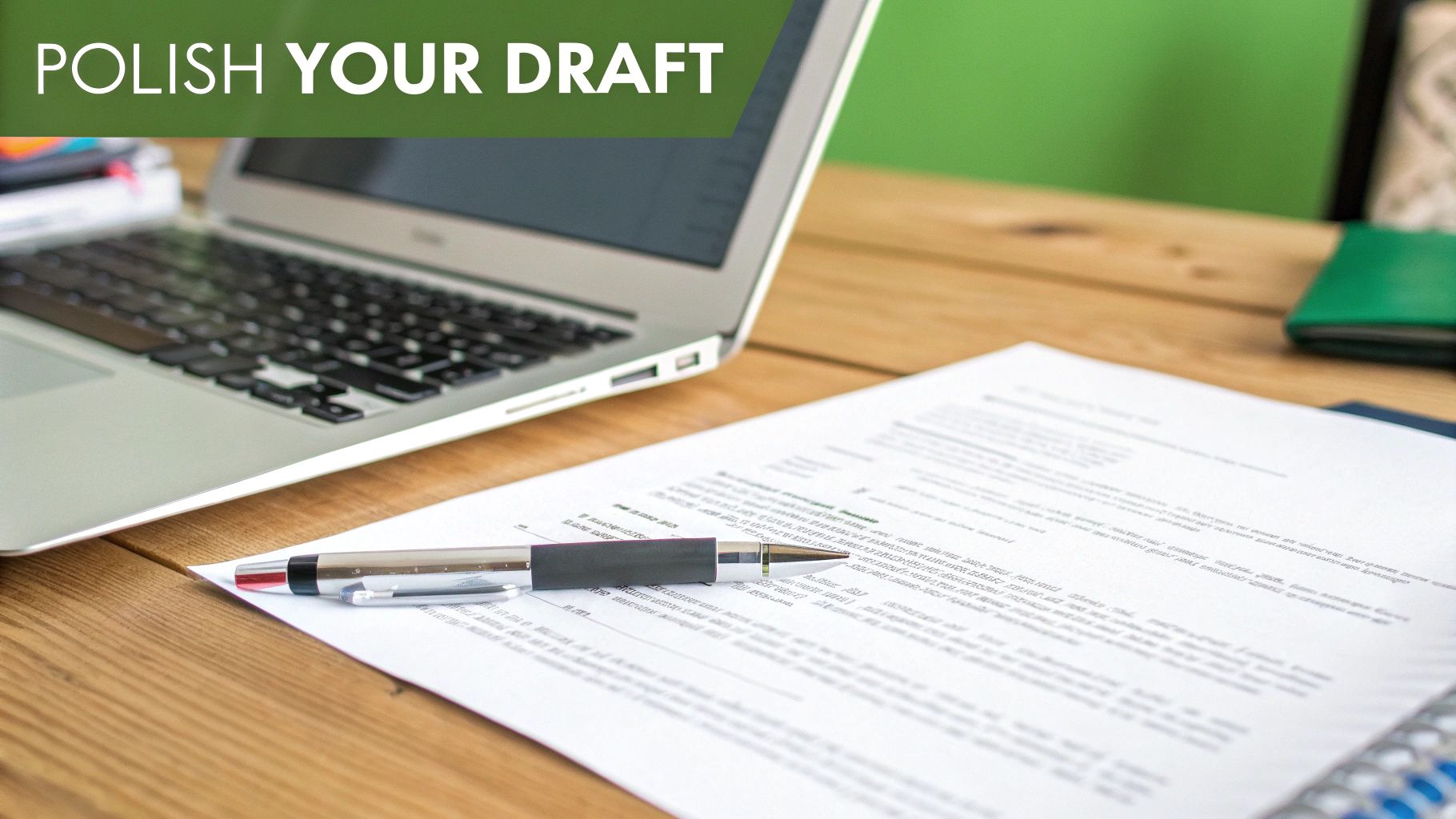A laptop, pen, and document on a wooden desk with a banner reading 'POLISH YOUR DRAFT'.