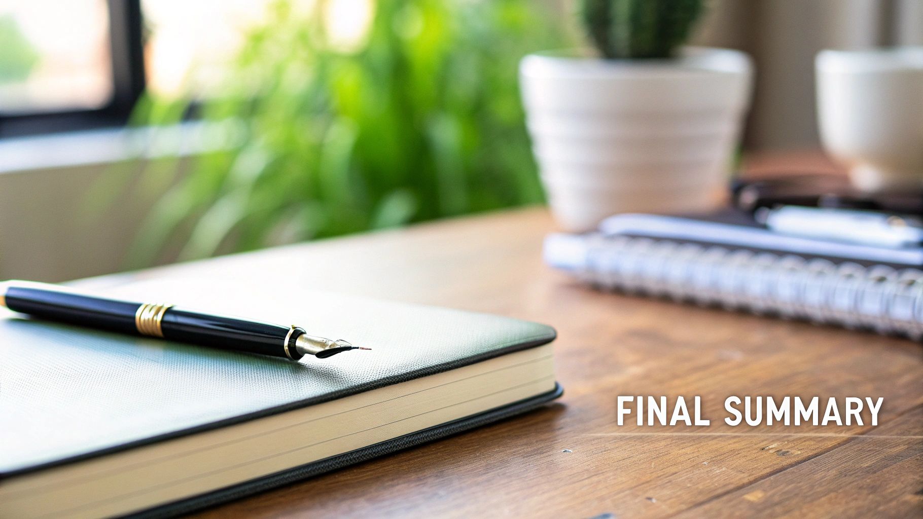 Elegant fountain pen resting on closed notebook with final summary text on wooden desk
