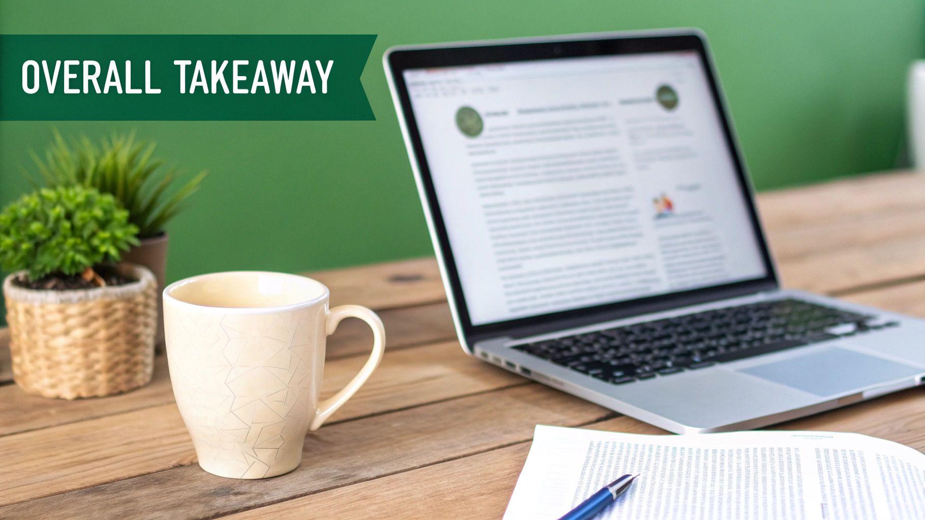 Laptop displaying document with coffee mug and notebook on wooden desk workspace