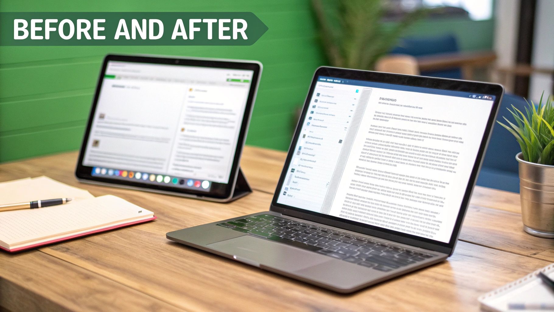 A laptop and tablet displaying digital content on a wooden desk with a notebook and a pen.