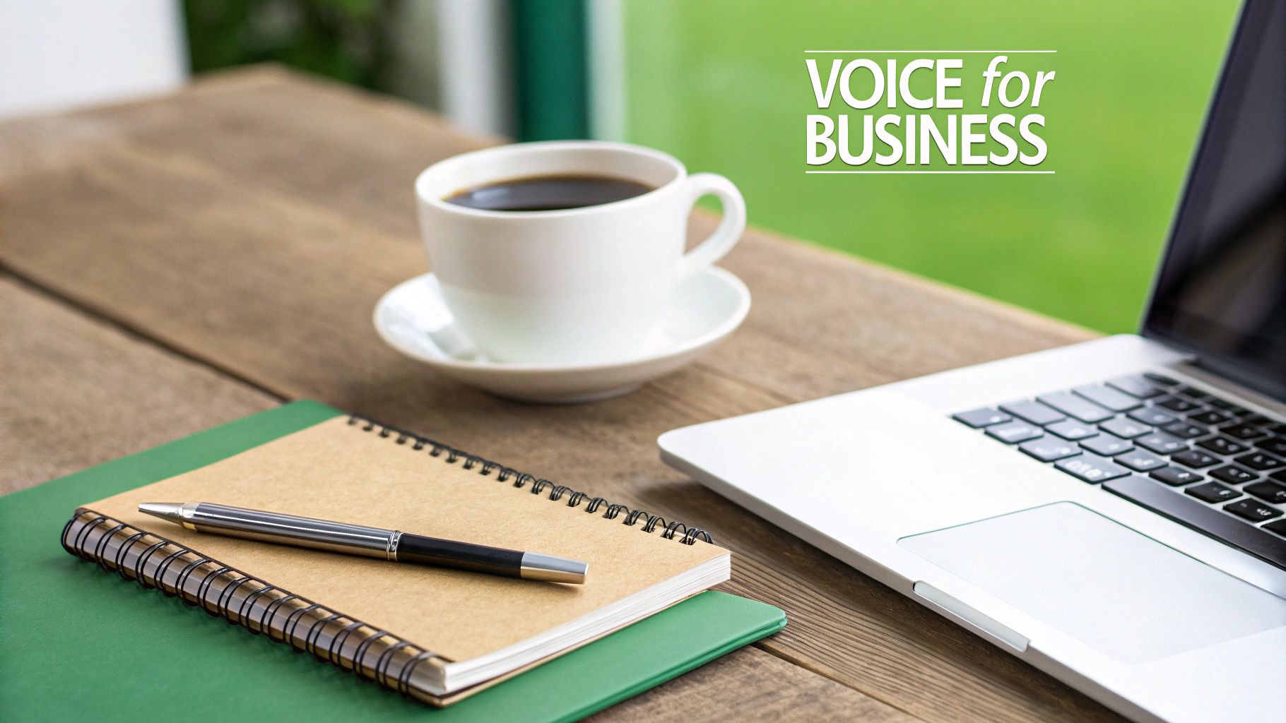 Workspace with a coffee cup, notebooks, pen, and laptop on a wooden table, featuring "VOICE for BUSINESS."