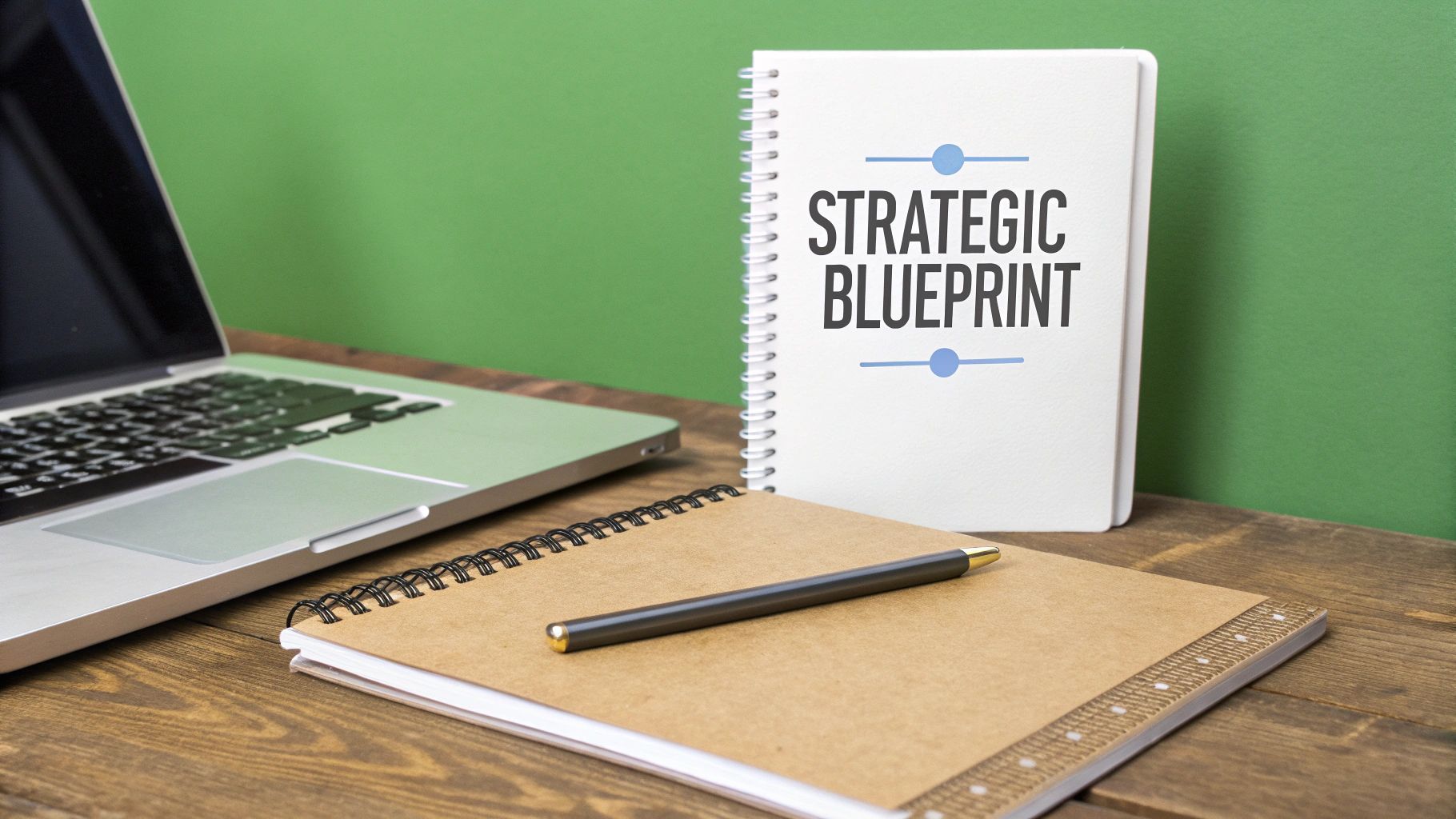A laptop, pen, and two notebooks, one labeled 'STRATEGIC BLUEPRINT', on a wooden desk.