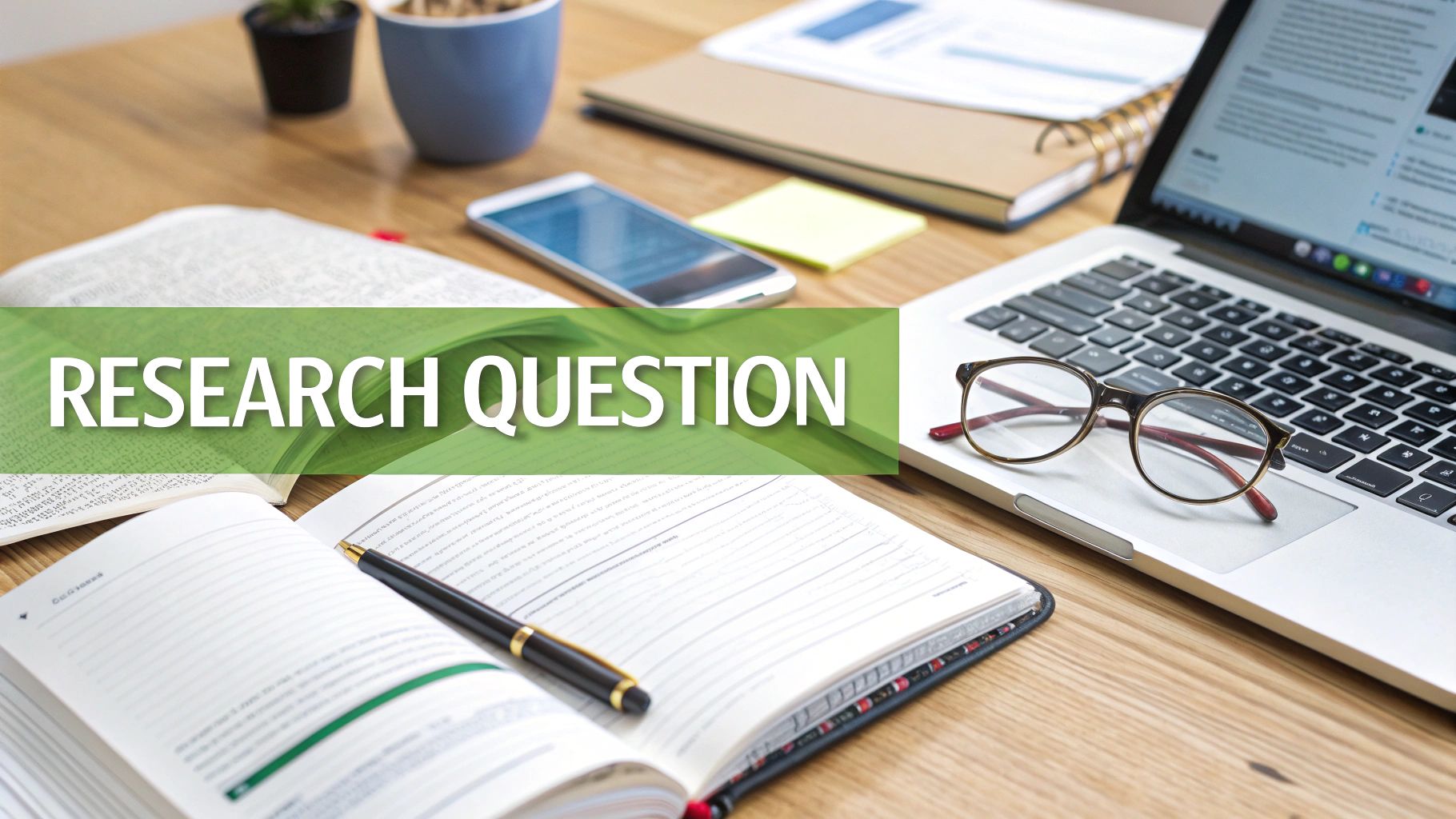 A desk with an open book, pen, laptop, glasses, phone, and a banner reading 'RESEARCH QUESTION'.