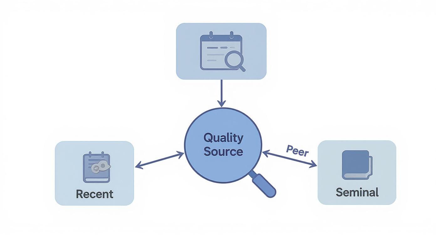 Diagram illustrating 'Quality Source' identified by recent, seminal, and peer-reviewed information.