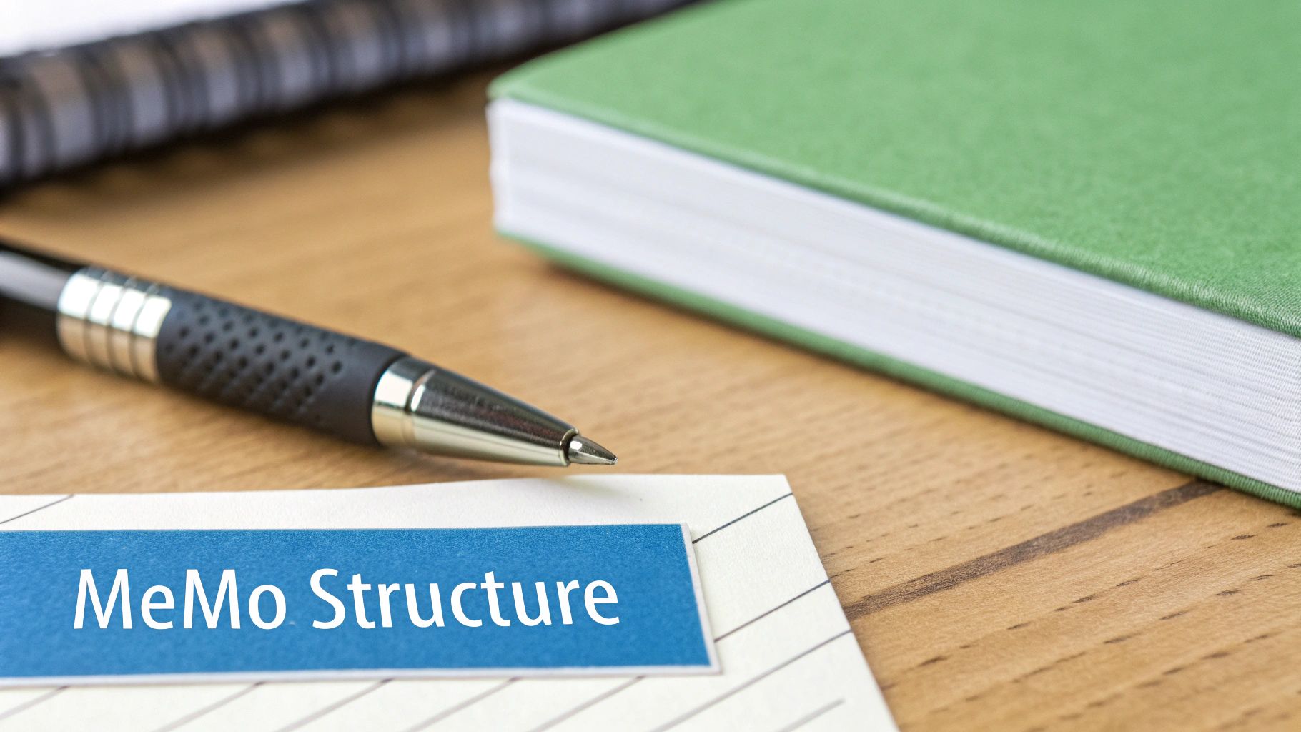 A pen rests on paper with a blue label displaying 'MeMo Structure', alongside notebooks.