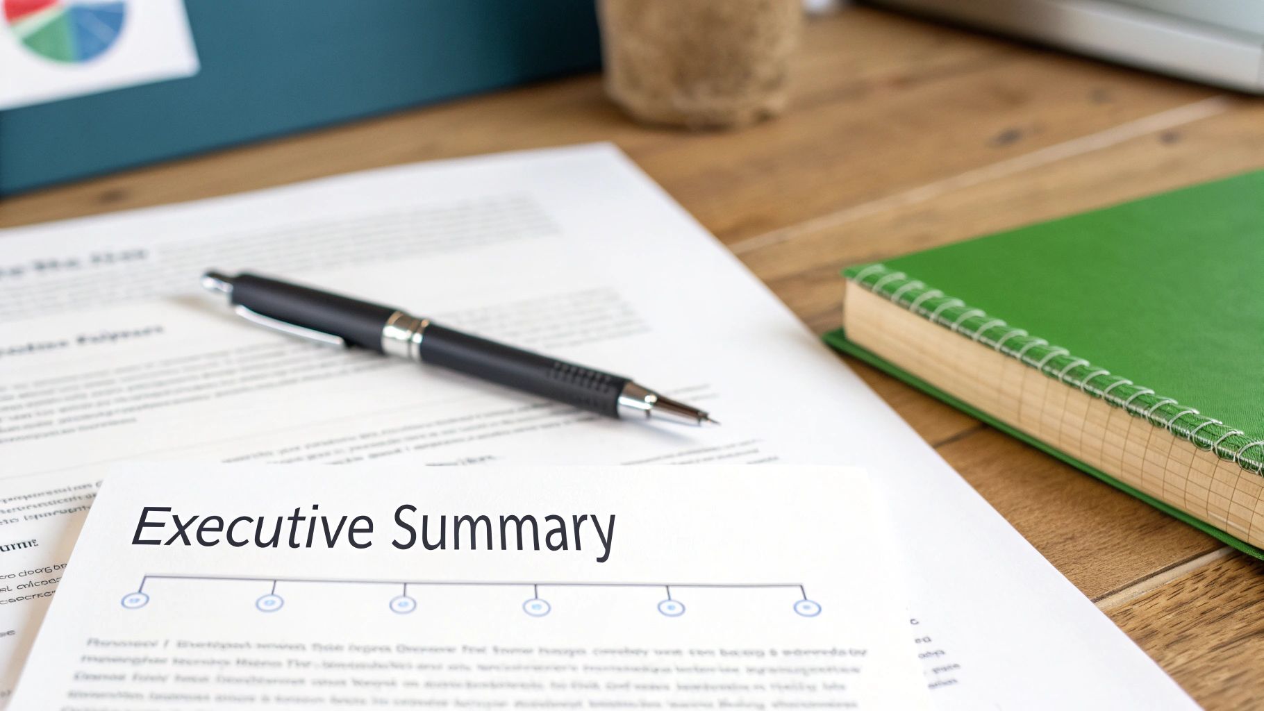A document labeled 'Executive Summary' with a pen and green spiral notebook on a wooden desk.