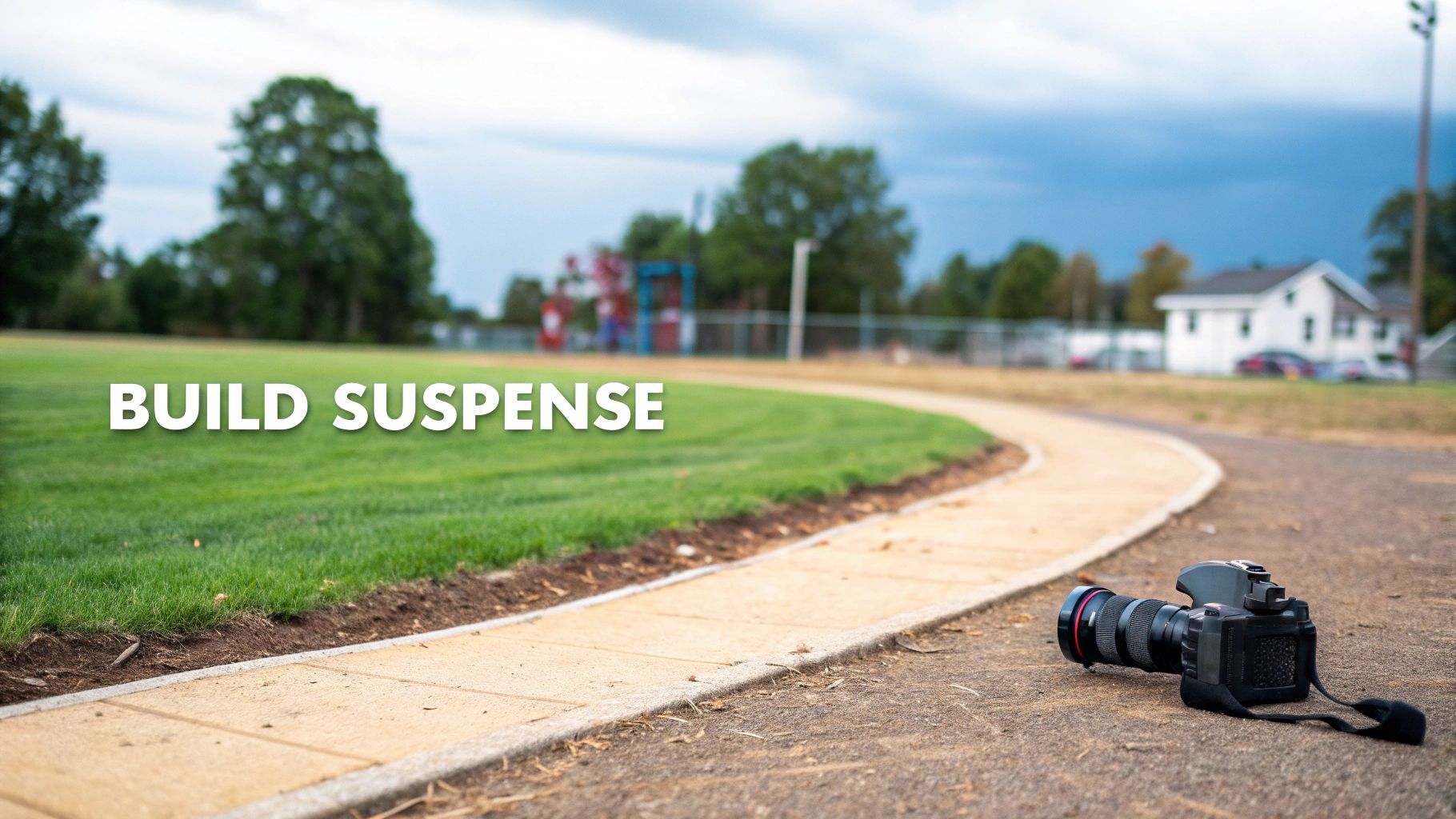 A camera lies on a curved path next to a green field with text 'BUILD SUSPENSE'.