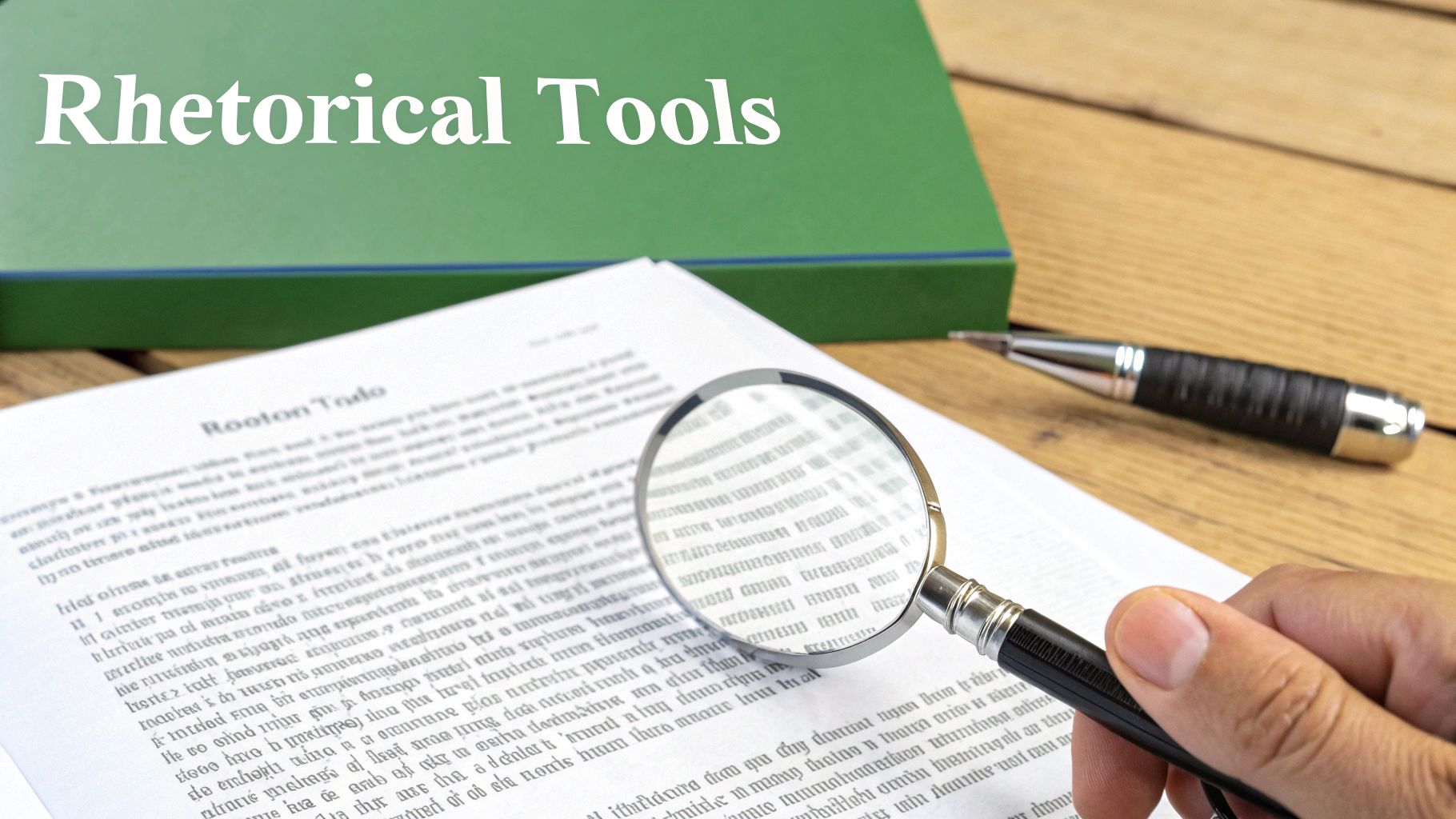 A hand uses a magnifying glass to read a document titled 'Rhetorical Tools' on a wooden table.