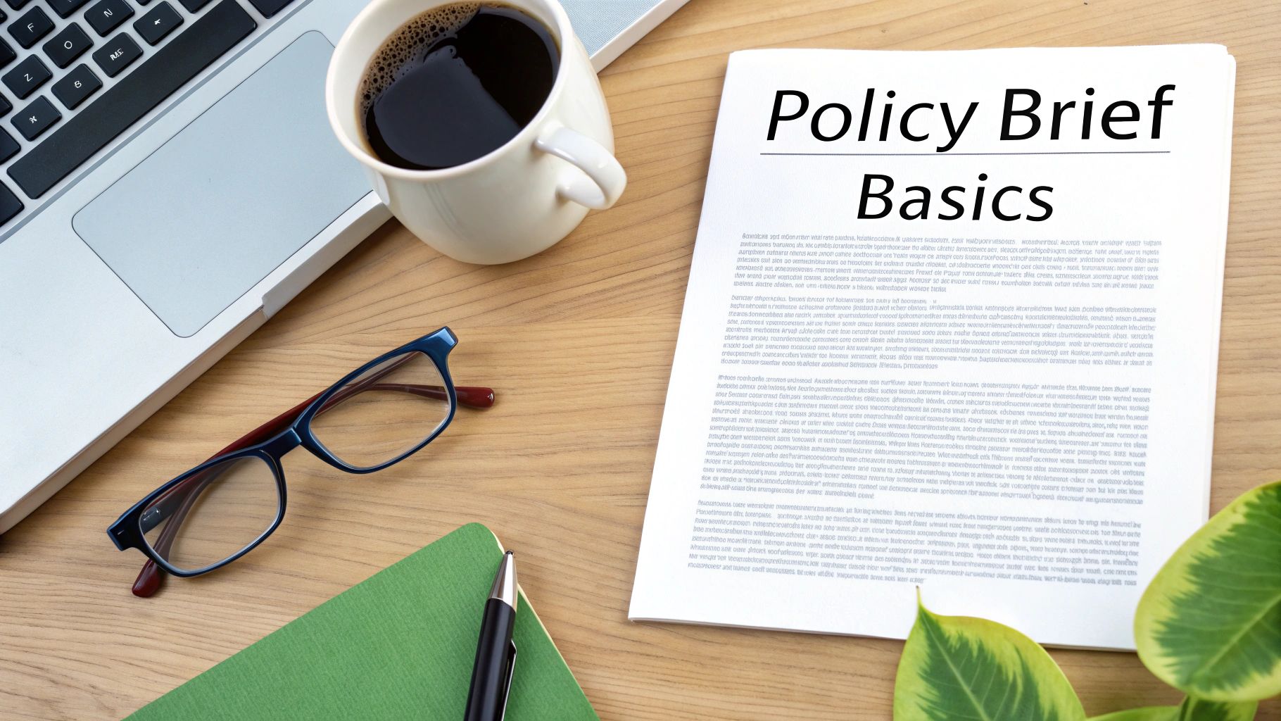 A flat lay of a work desk with a laptop, coffee, reading glasses, notebook, and a 'Policy Brief Basics' document.