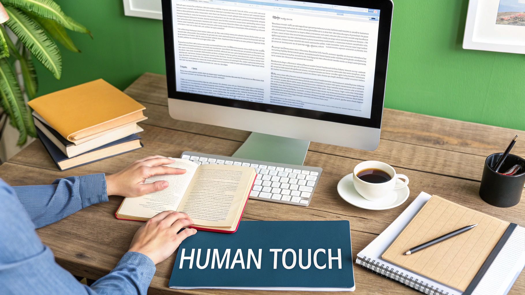 A person editing a document on a computer, symbolizing the human touch being added to AI-generated text.