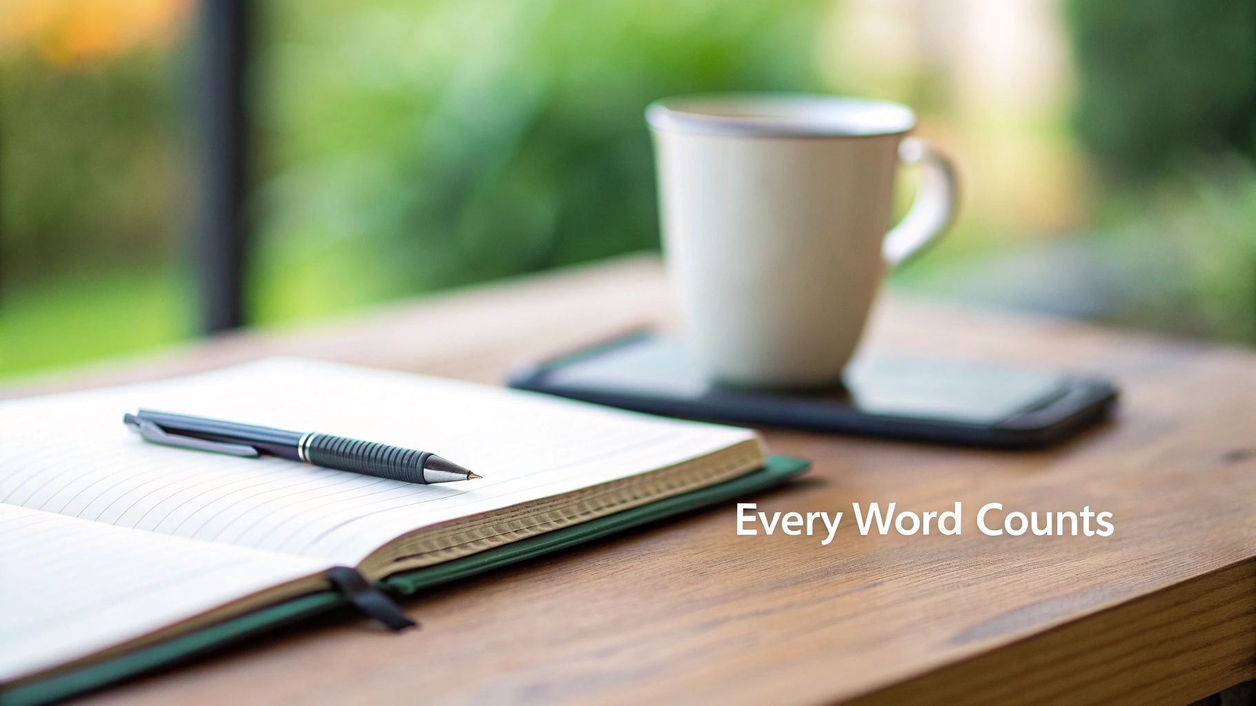Open notebook with a pen on a wooden table, a cup of coffee and smartphone blurred in the background.