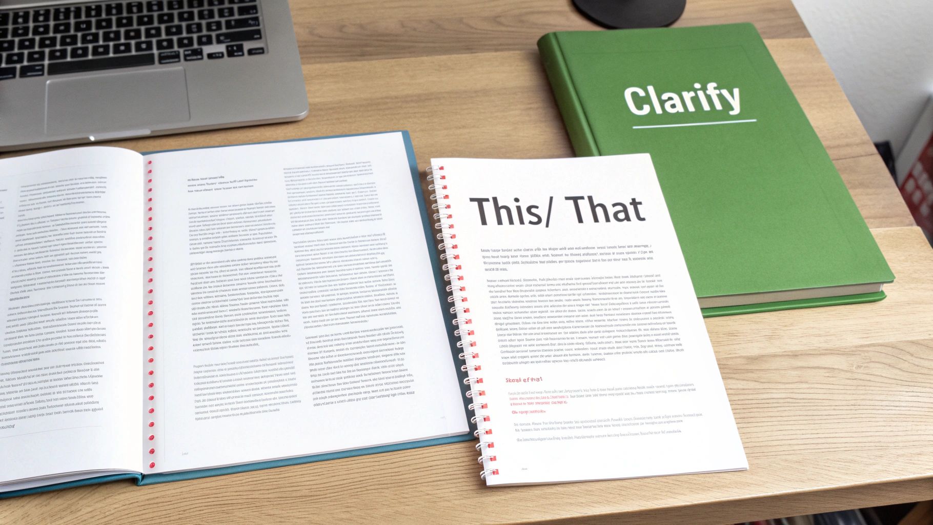Overhead view of a wooden desk with open books, a 'This/That' notebook, and a laptop.