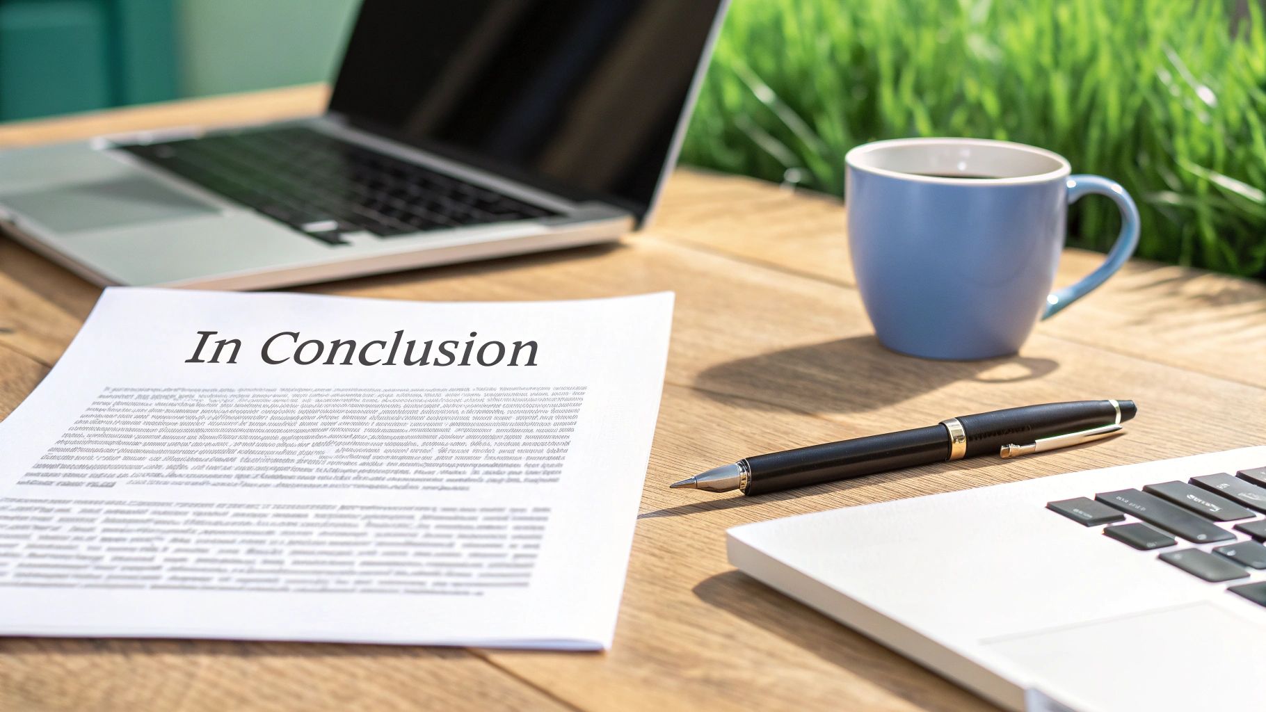 A paper titled 'In Conclusion' on a wooden desk with a laptop, coffee, and pen.