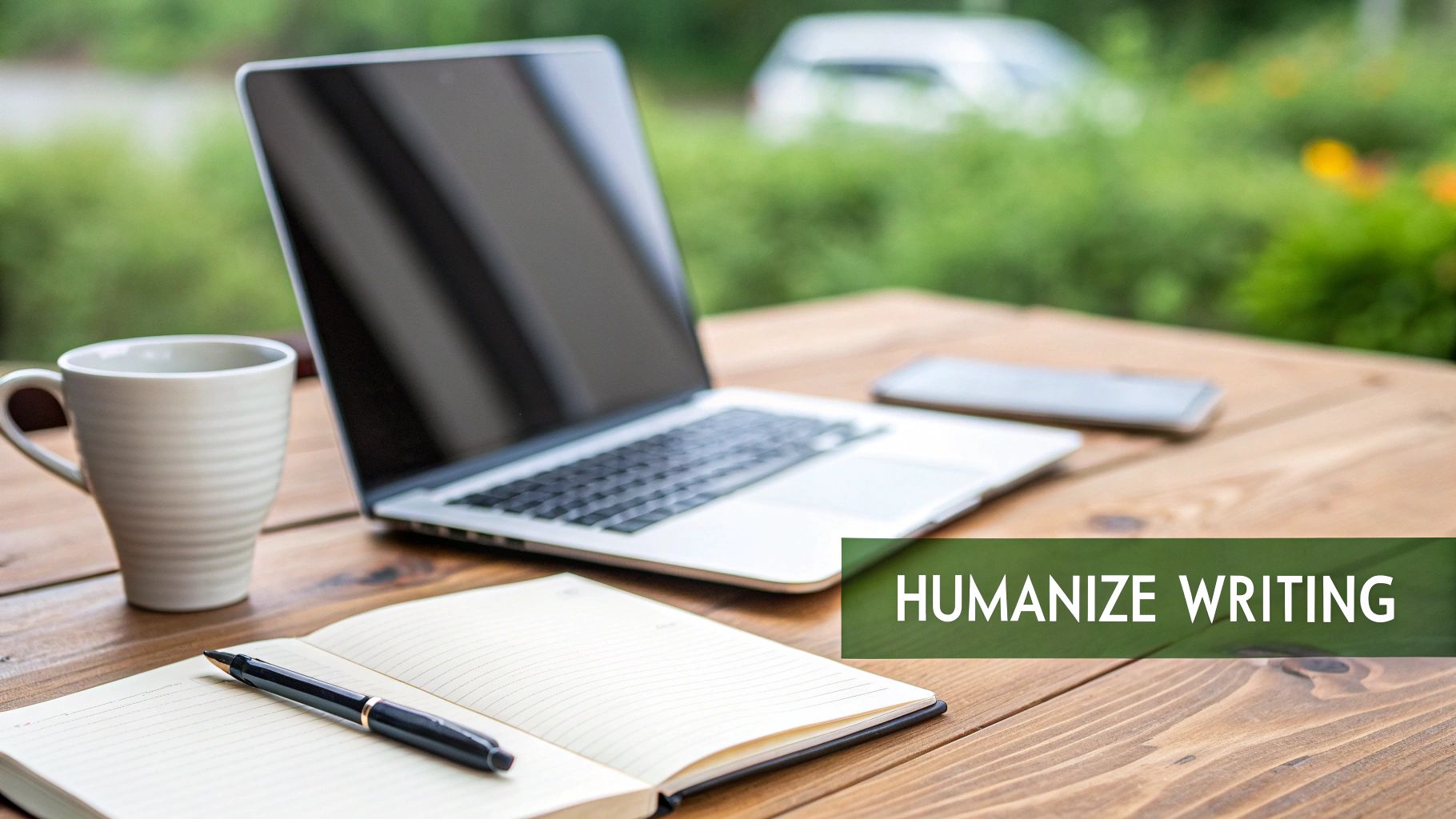 A laptop, coffee mug, smartphone, and open notebook with a pen on a wooden table, with a blurred green background.