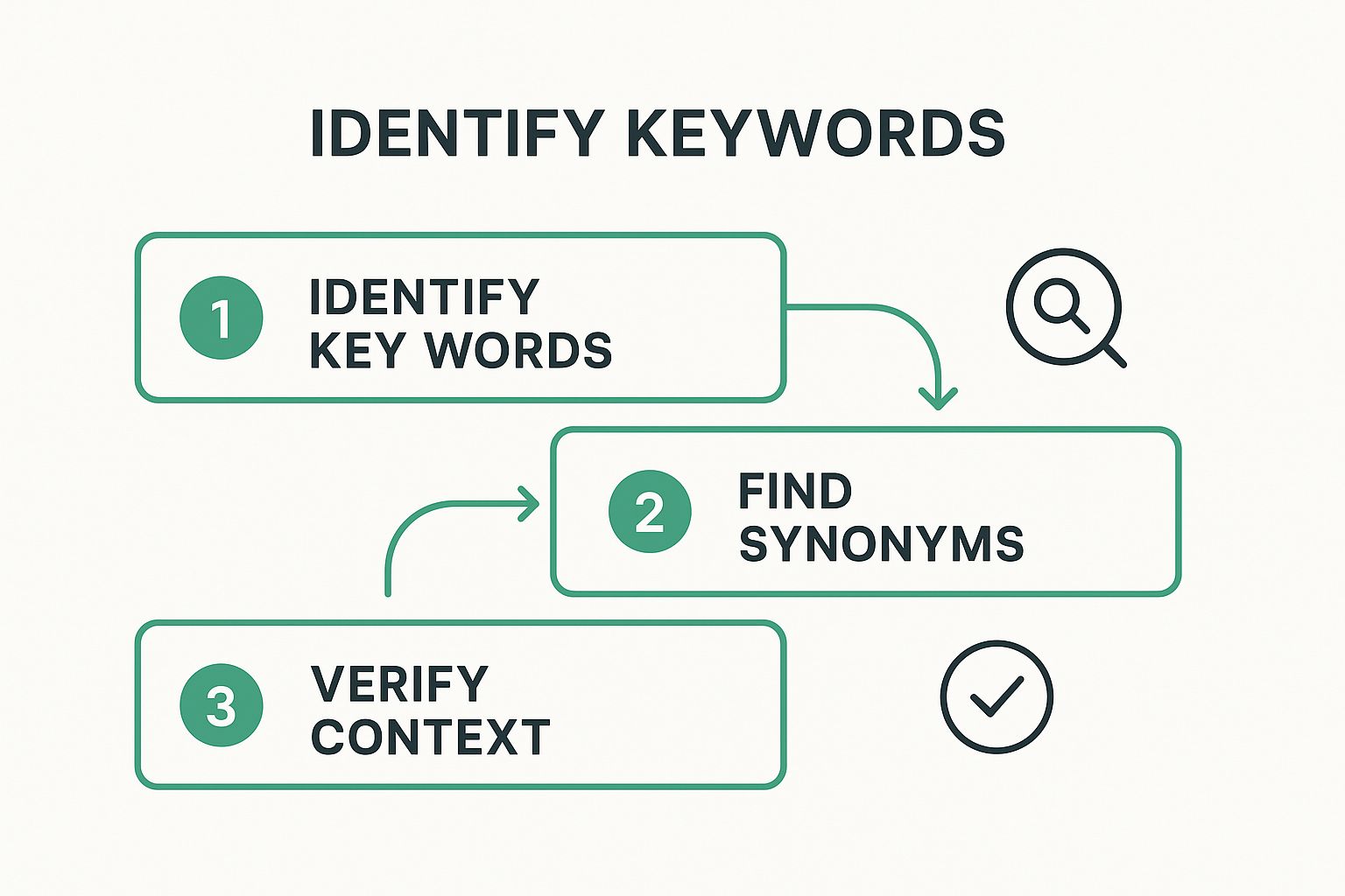 Infographic showing a three-step process for synonym substitution: 1. Identify Key Words, 2. Find Synonyms, 3. Verify Context.